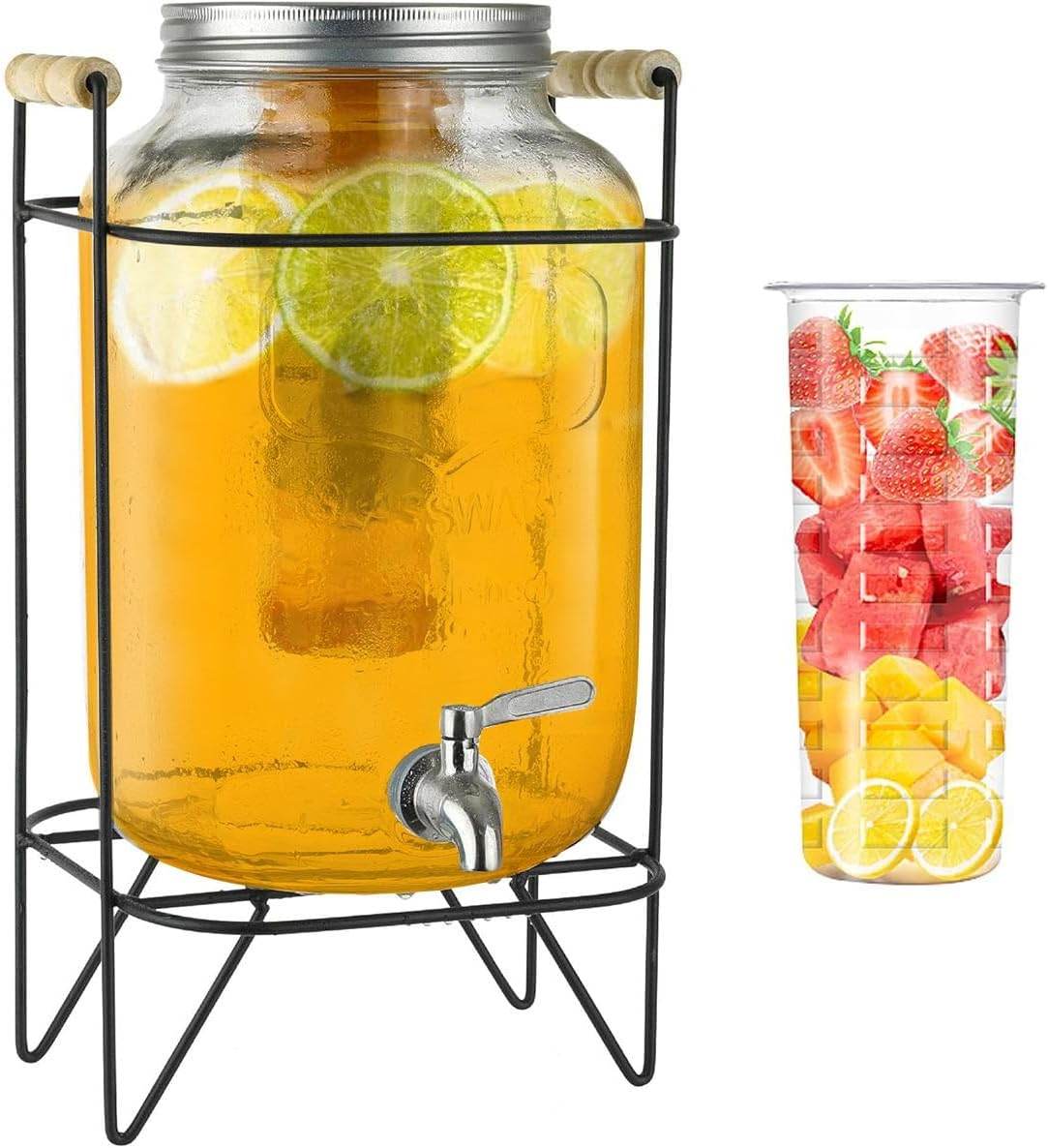9SHOME 5L Glass Beverage Dispenser with Stand, Drink Dispenser with Stainless Steel Spigot, 1 Gallon Wide Mouth Mason Jar Container for Juice, Lemonade, Soda, Cocktail, Wine, with Fruit Infuser image number 1