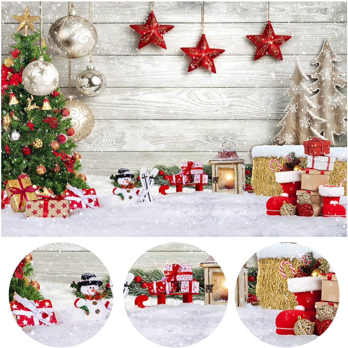SJOLOON Christmas Backdrop White Wood Floor with Snowflake Backdrop Christmas Tree Gifts Background for Christmas Party Decoration Family Gathering 12392 (10X10Ft) image number 5