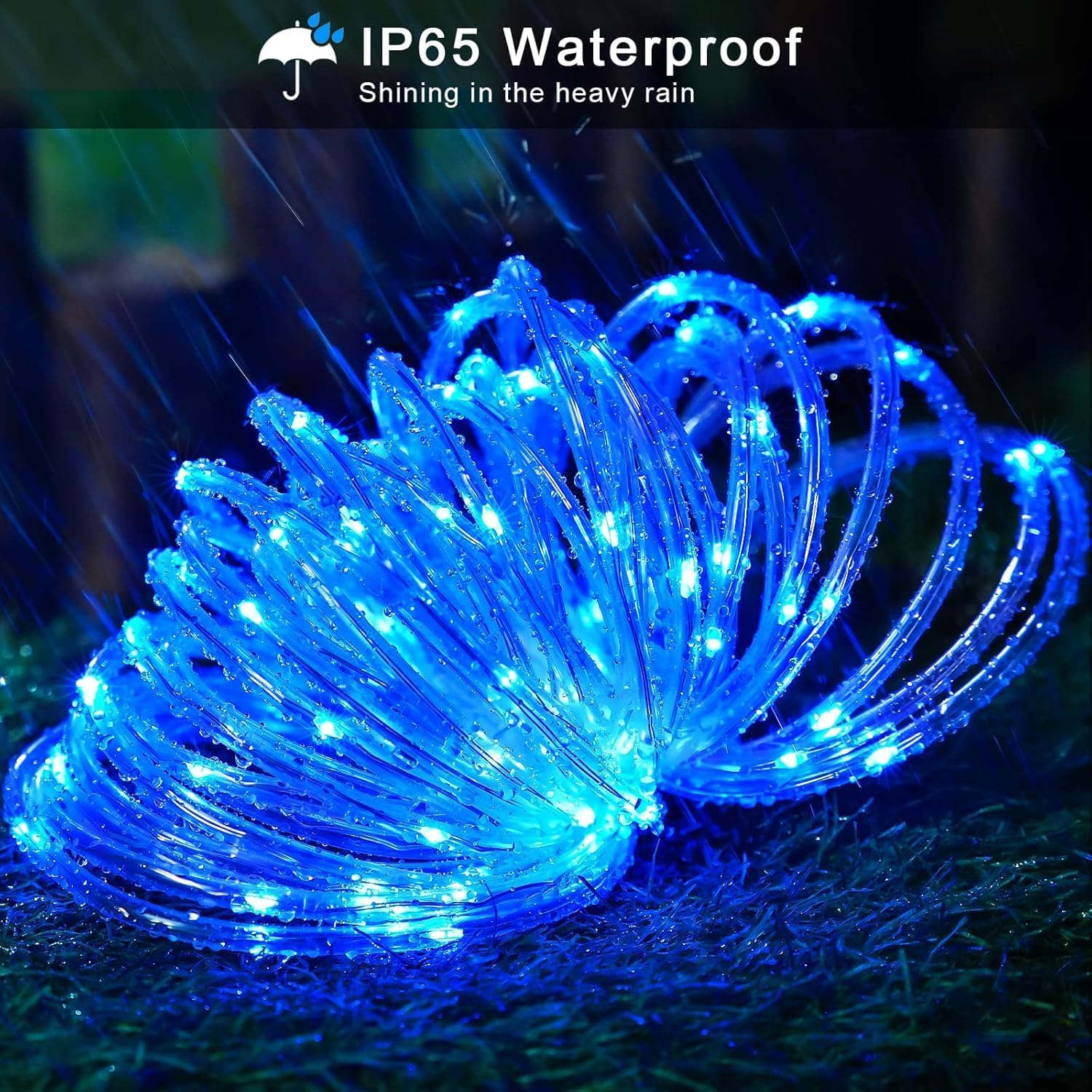 Kousee Outdoor Solar LED Rope Lights, IP65 Waterproof Rope Light 12M/39.4Ft 100Leds Solar Decoration Lights with 8 Lighting Modes, Rope Fairy Light for Garden Tree Party Christmas Decoration- Blue image number 2