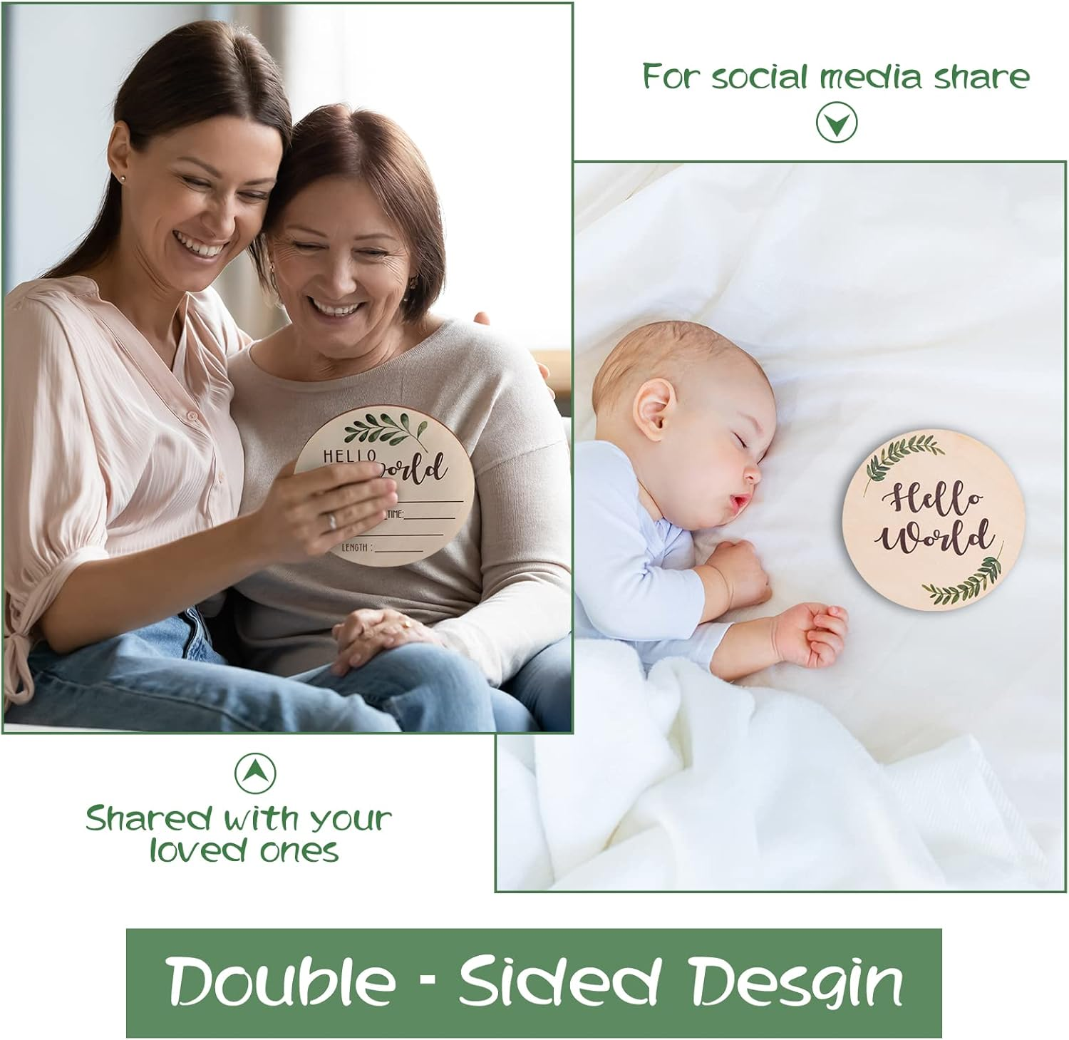 Baby Announcement Sign for Newborn - Beautiful Double-Sided Hello World Name Sign for Hospital Birth Announcement, the Perfect round Wooden Welcome Baby Board for New Boy and Girl Gifts image number 1