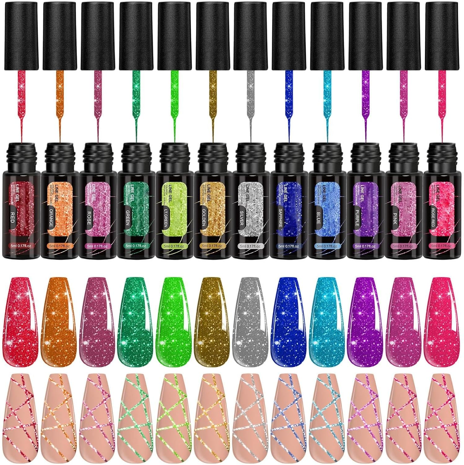 Rronnoy Reflective Glitter Gel Polish,12 Colors Nail Polish Gel - Long-Lasting Reflective Manicure Liner for Art Design Summer Salon Party Women Holiday Home image number 1