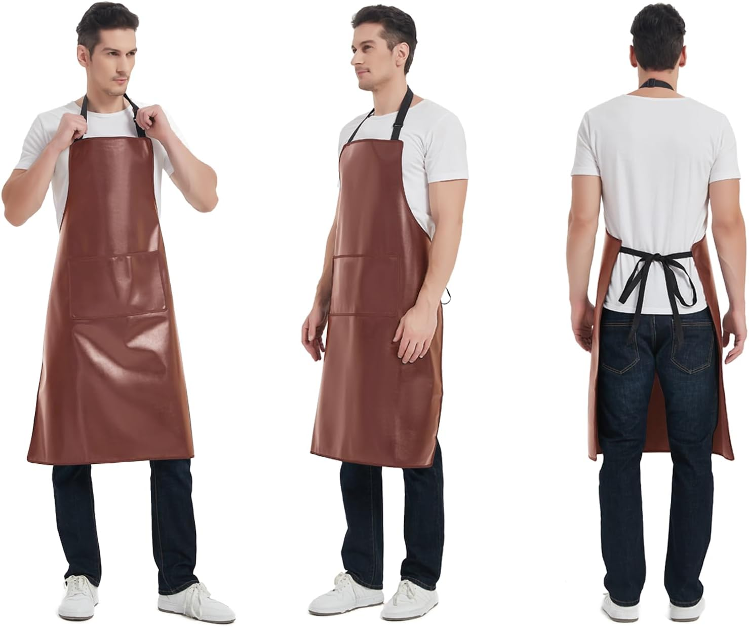 Funchaos Waterproof Apron, Heavy Duty Work Apron, Artificial Leather Apron Ideal for Chef,Butcher,Barber,Cleaning - Brown image number 6