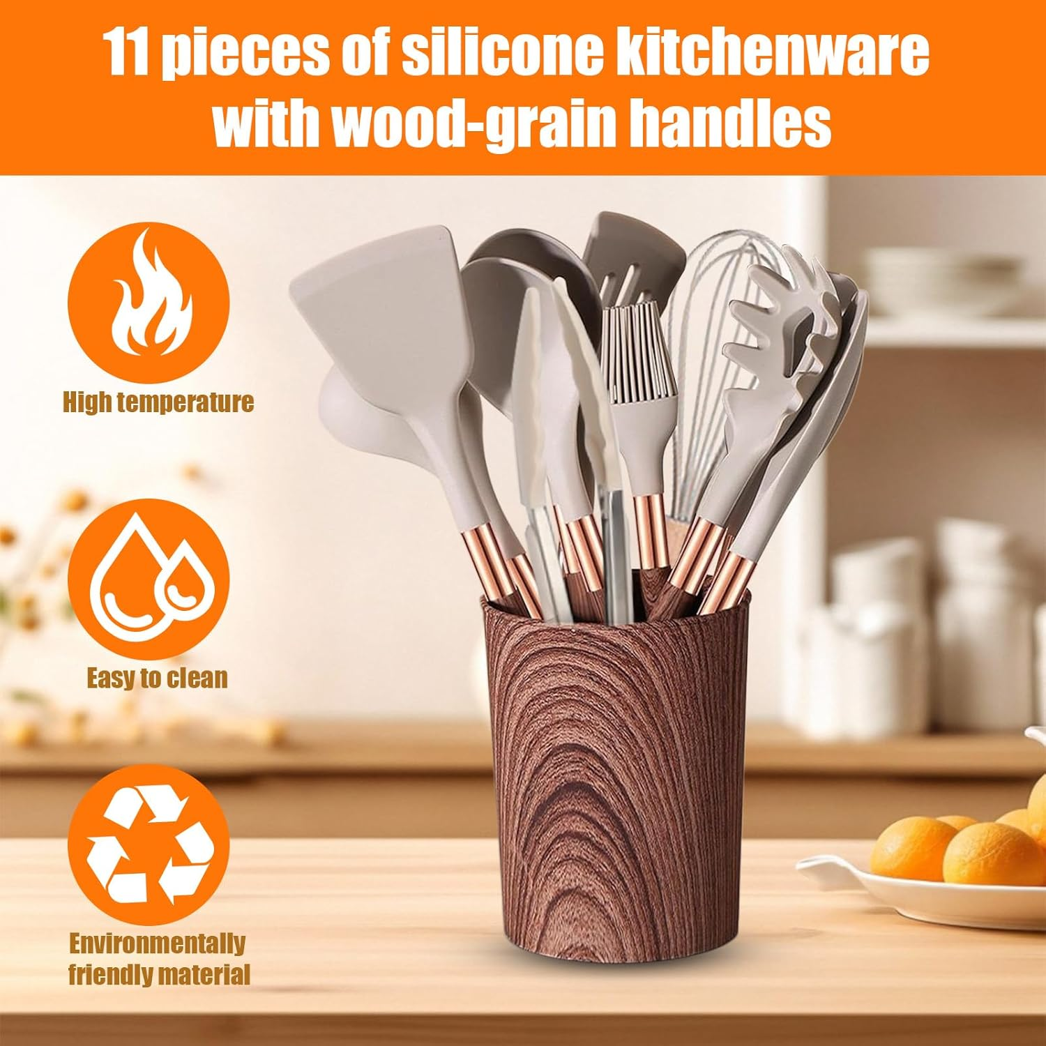 Kitchen Utensil Set, 12 Pack Cooking Utensils Set with Wooden Handles and Wood Grain Storage Bucket, Heat Resistant Multi Functional Silicone Spatula for Non Stick Frying Pans and Pots (Brown) image number 2