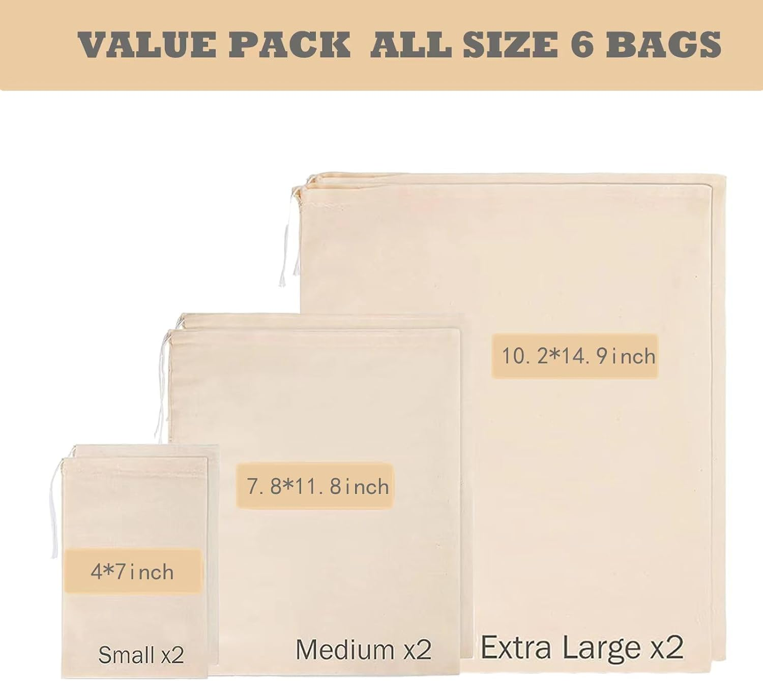 6Pcs Muslin Drawstring Bags,Natural Unbleached Cotton Straining Herbs Cheesecloth Bags,Reusable Cold Brew Coffee Cheese Cloths Strainer,Large Nut Milk Tea Juice Bag. image number 4