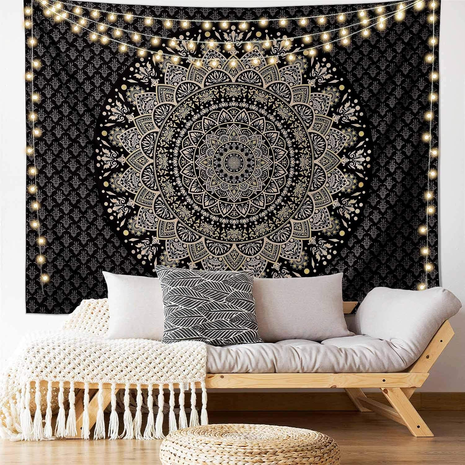 Edeesky Black Golden Mandala Tapestry Wall Hanging Psychedelic Medallion Wall Tapestry Aesthetic Indian Hippie Wall Decor Bohemian Wall Art Boho Home Decoration Blanket for Bedroom,Living Room,Dorm