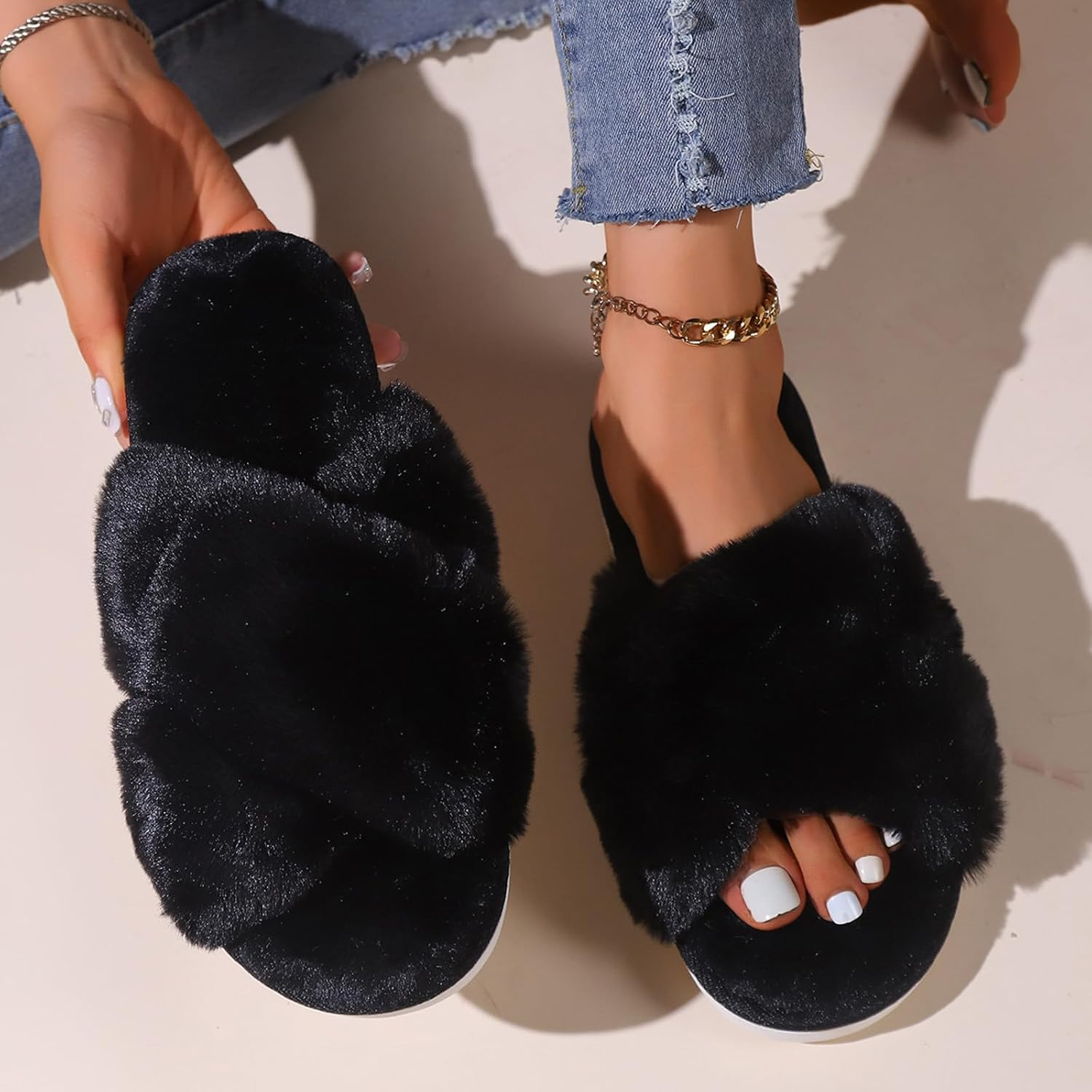 Fuzzy Fluffy Slippers for Women Cute Fur Open Toe Indoor Outdoor Slippers Soft Cozy Warm House Shoes Comfy Bedroom Slippers Adult