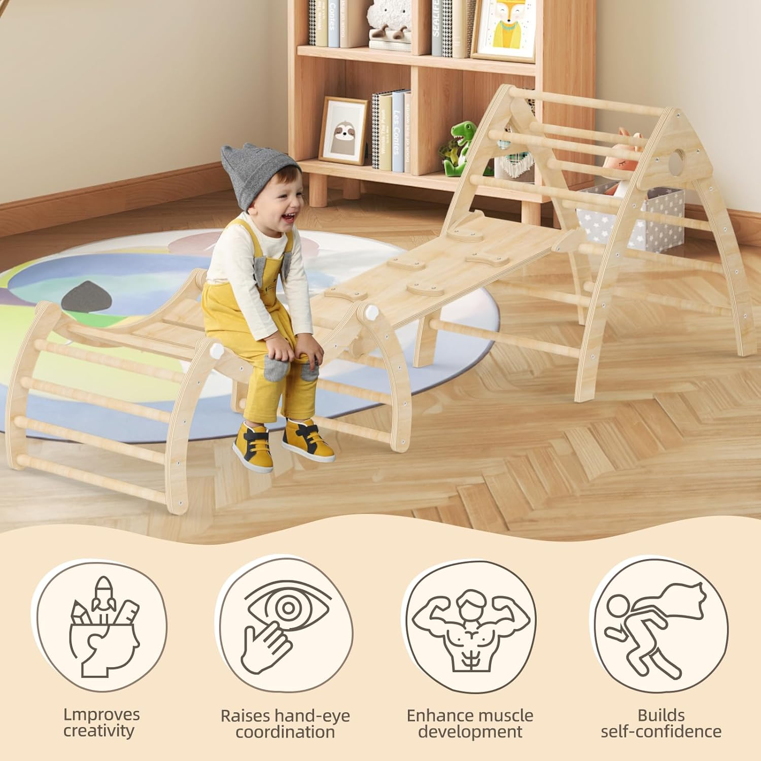 Pikler Triangle Set for Toddler Climbing Toy Indoor, Montessori Toddler Climbing Toys Set with Climbing Triangle, Ramp, Transformable Arch, Indoor Playground Climbing Toys Set for Toddlers image number 6