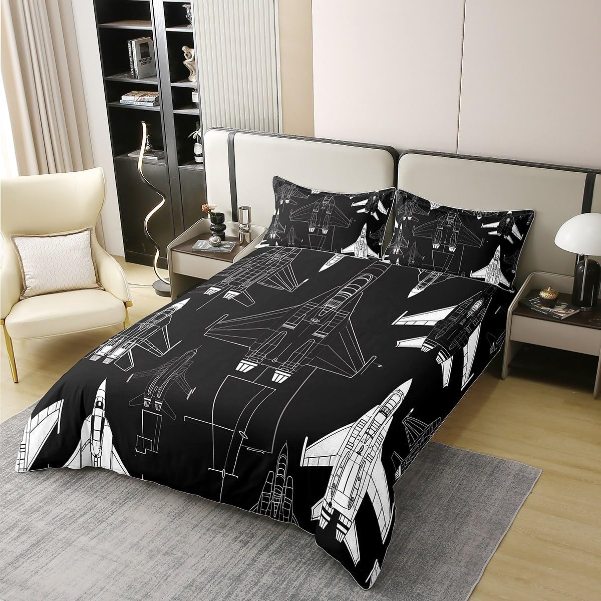Homewish Aeroplane 100% Cotton Bed Linen Set, Black and White Aeroplane Duvet Cover 135 X 200 Cm for Children, Teens, Adults, Aeroplane Comforter Cover, Transport Bed Set with 1 Pillowcase for Room image number 4
