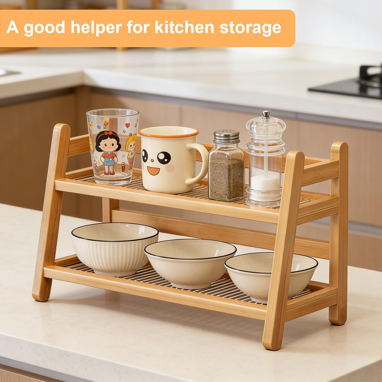 AXVRAV Cup Rack 2-Tier Bamboo Kitchen Organiser Rattan Look Coffee Cup Holder & Tea Matcha Station for Kitchen Worktop & Home Practical Cup Stand for Storage and Decoration image number 3