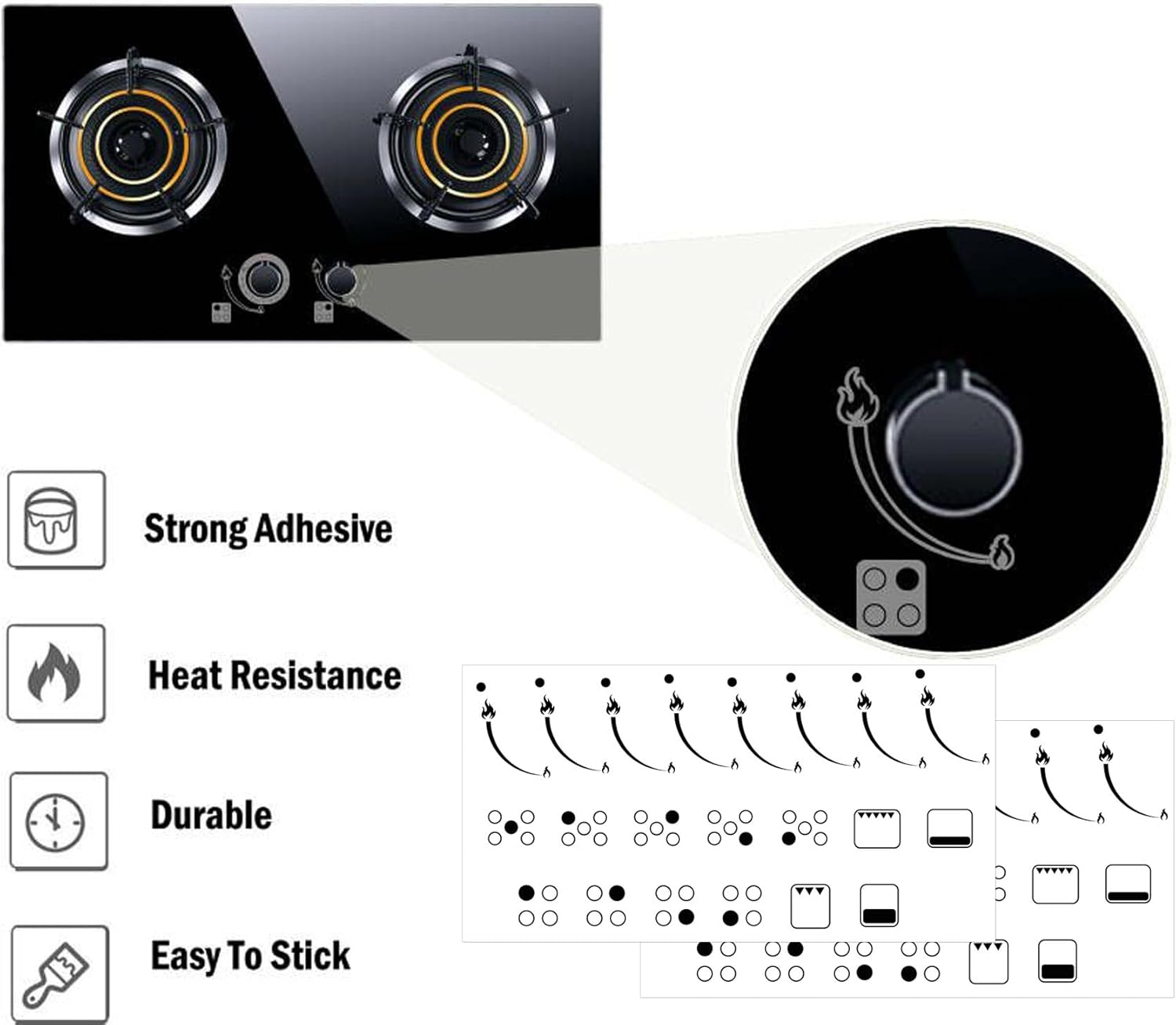Pop Resin Flame Indicating Stickers Flame Indicators Ring Stove Labels - Oven Replacement Adhesive Knob Symbols for Bumper Cooktop Hob Cooker Top Markings 2 Pack