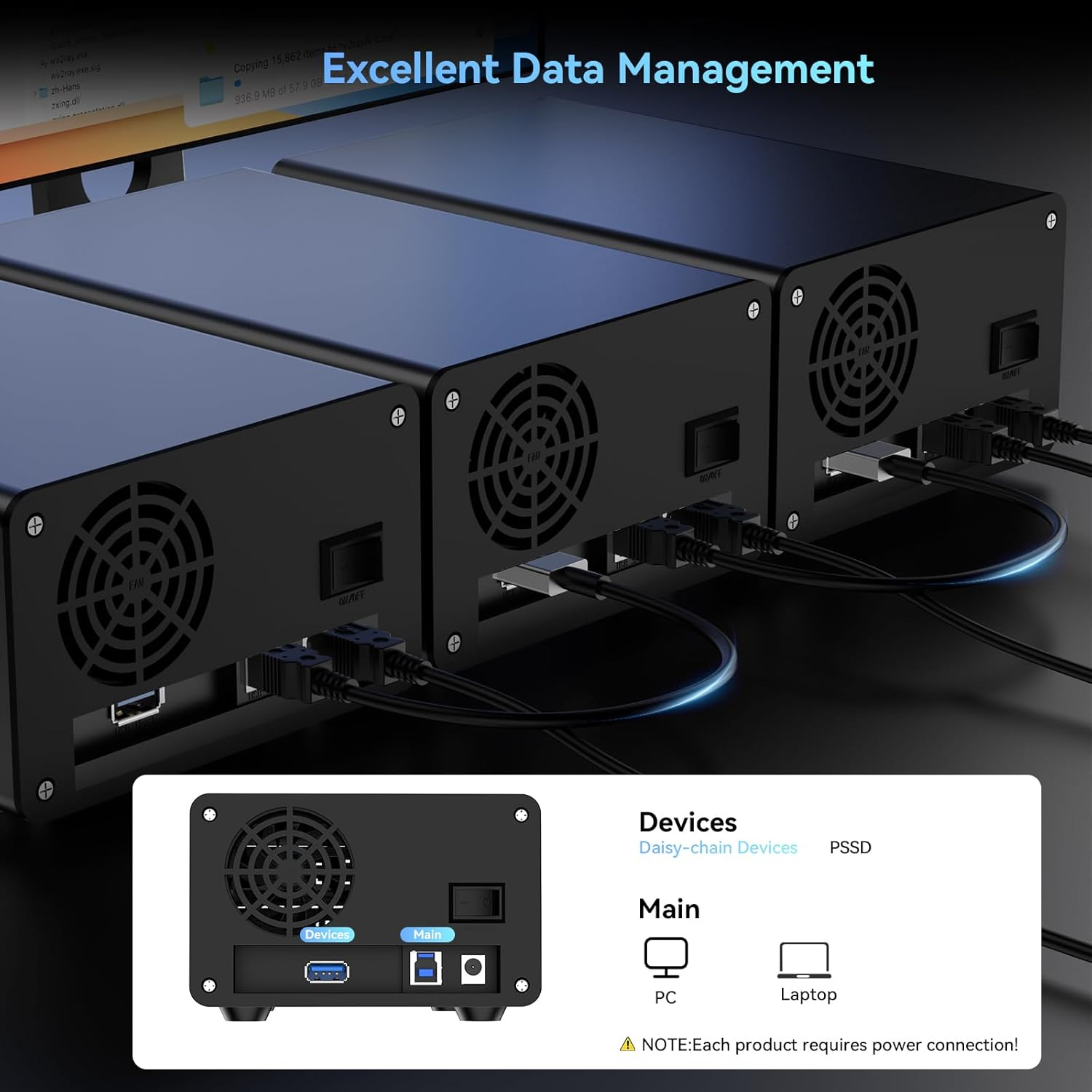CENMATE Aluminum Dual Bay Hard Drive Enclosure with Cooling Fan for 2.5&ldquo;/3.5" SATA HDD/SSD with USB A/C 3.0, Support Hot Swappable, Daisy Chain Expansion, Tool-Free HDD Enclosure, DAS(NO RAID/NAS) image number 2