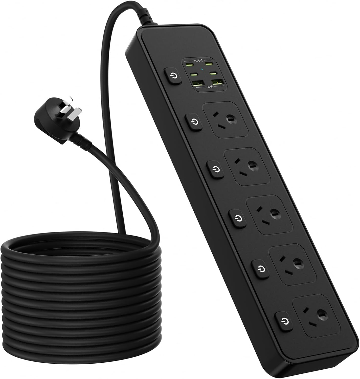 Power Board Individual Switch,11-In-1 Power Strip with 5 AC Outlets, Surge Protector Powerboard with 6 USB Ports(4 USB C Outlets), 1.8M Extension Cord Power Strip,Wall Mount for Home Office- White