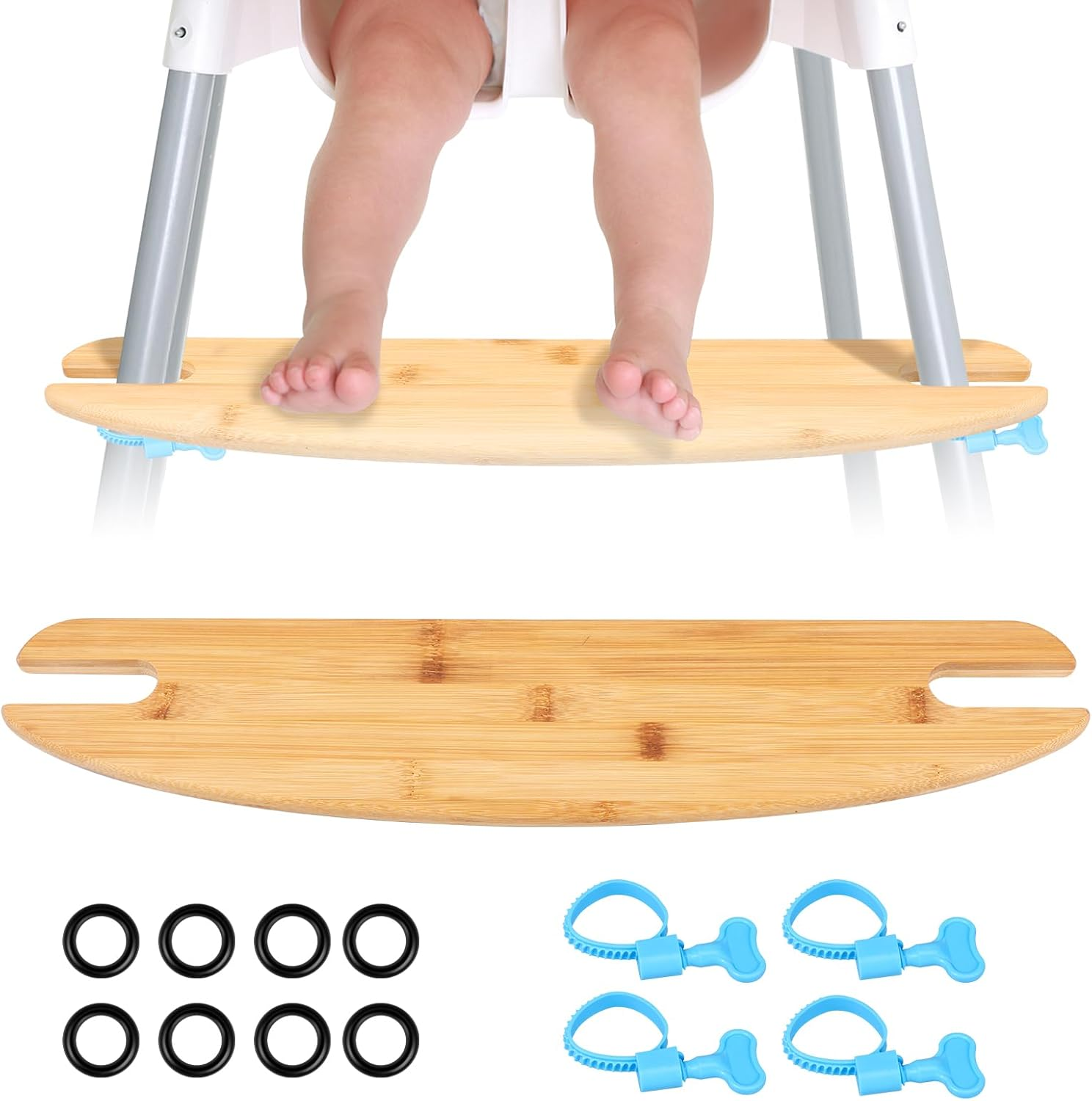 2 Pcs Bamboo High Chair Foot Height Adjustable High Chair Footrest with 2 Rubber Rings and Fixing Rings for Home Indoor Use image number 5