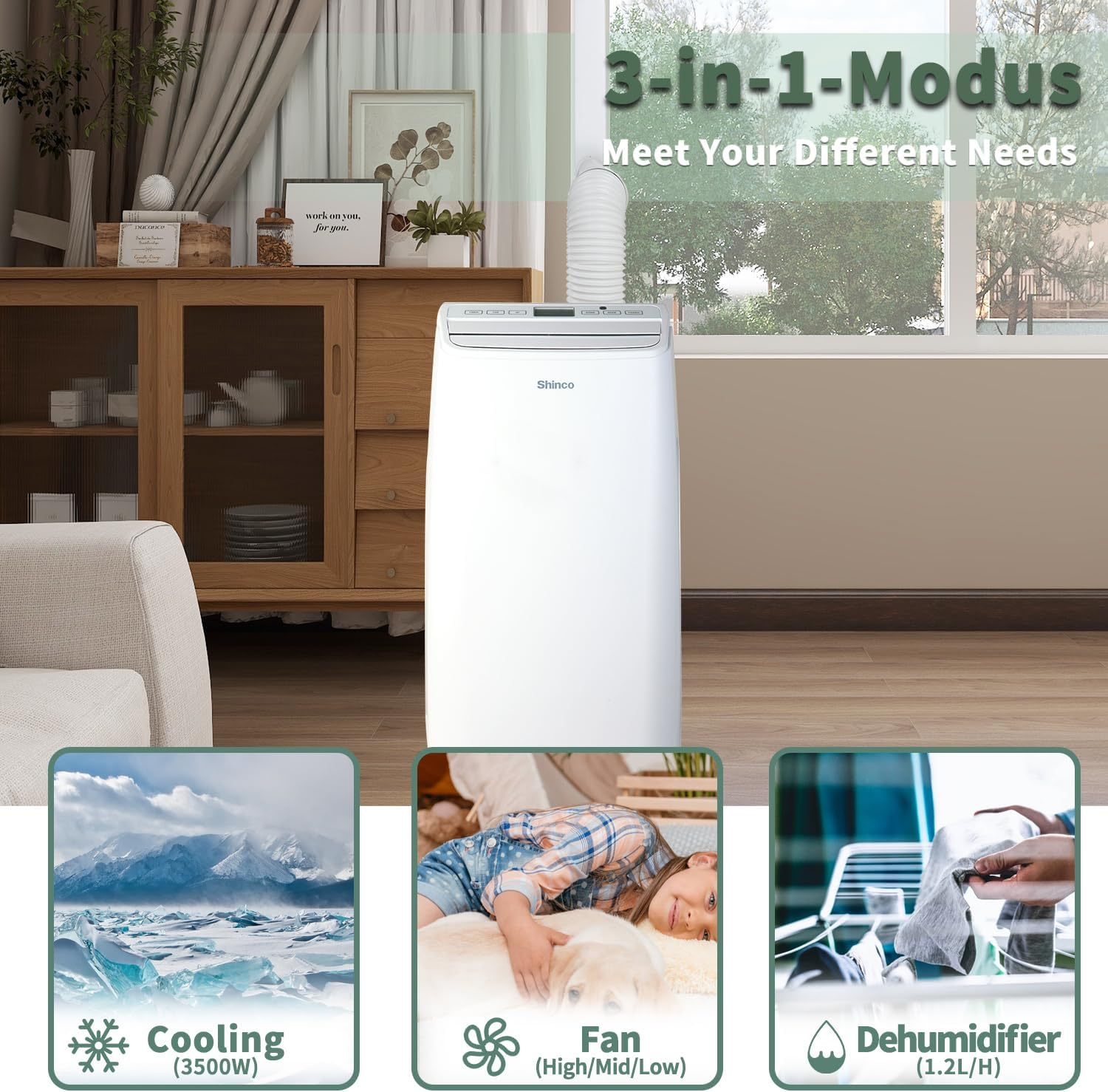 Shinco 12000BTU Portable Air Conditioner, 3.5Kw Portable AC Unit W/Cooling, Dehumidifier & Fan, 3-In-1 Air Cooler W/Remote Control, Window Mount Kit, LCD Display, 24H Timer, for 35㎡/105M&sup3; Home, Office image number 2