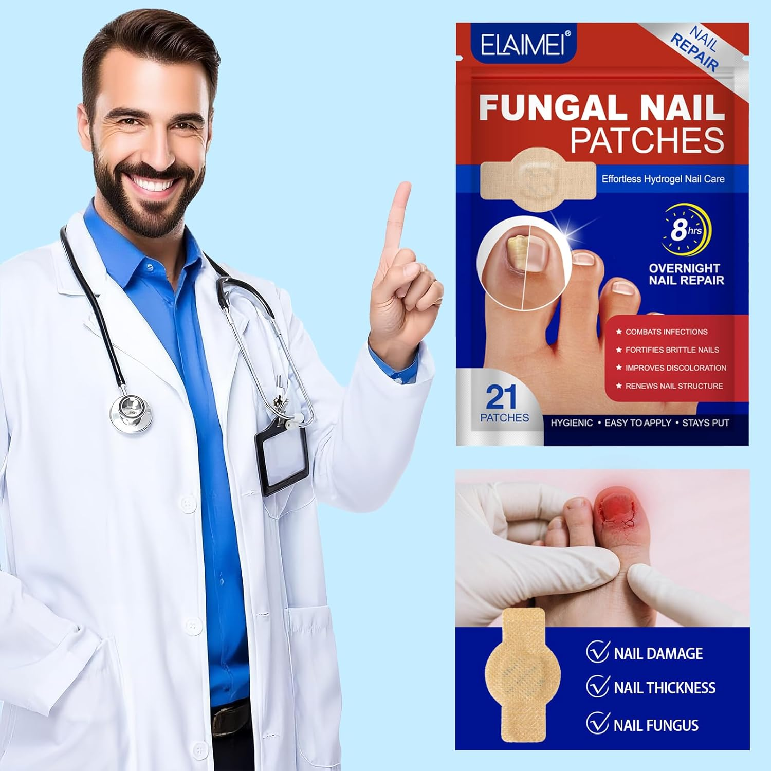 21PCS Fungal Nail Patches, Toenail Fungus Care, Nail Repair for Damaged Nails, Nighttime 8-Hour Nail Support for Damaged & Discoloured Toenails (A) image number 6