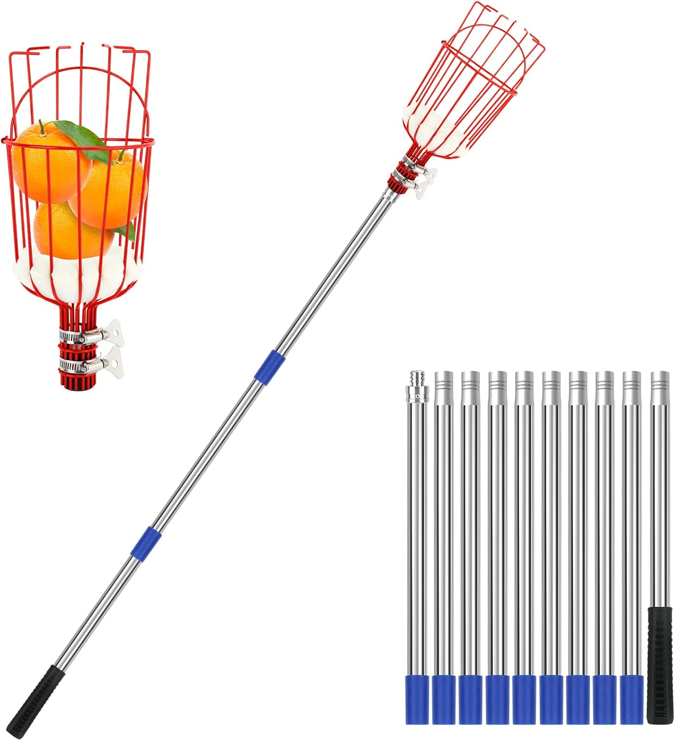 SANLIKE Fruit Picker Pole with Basket 13 FT Adjustable Higher Lightweight Fruit Grabber Tool with Extension Pole for Apple Avocado Lemon Peach Pear Mango and Other Fruit Tree Harvester