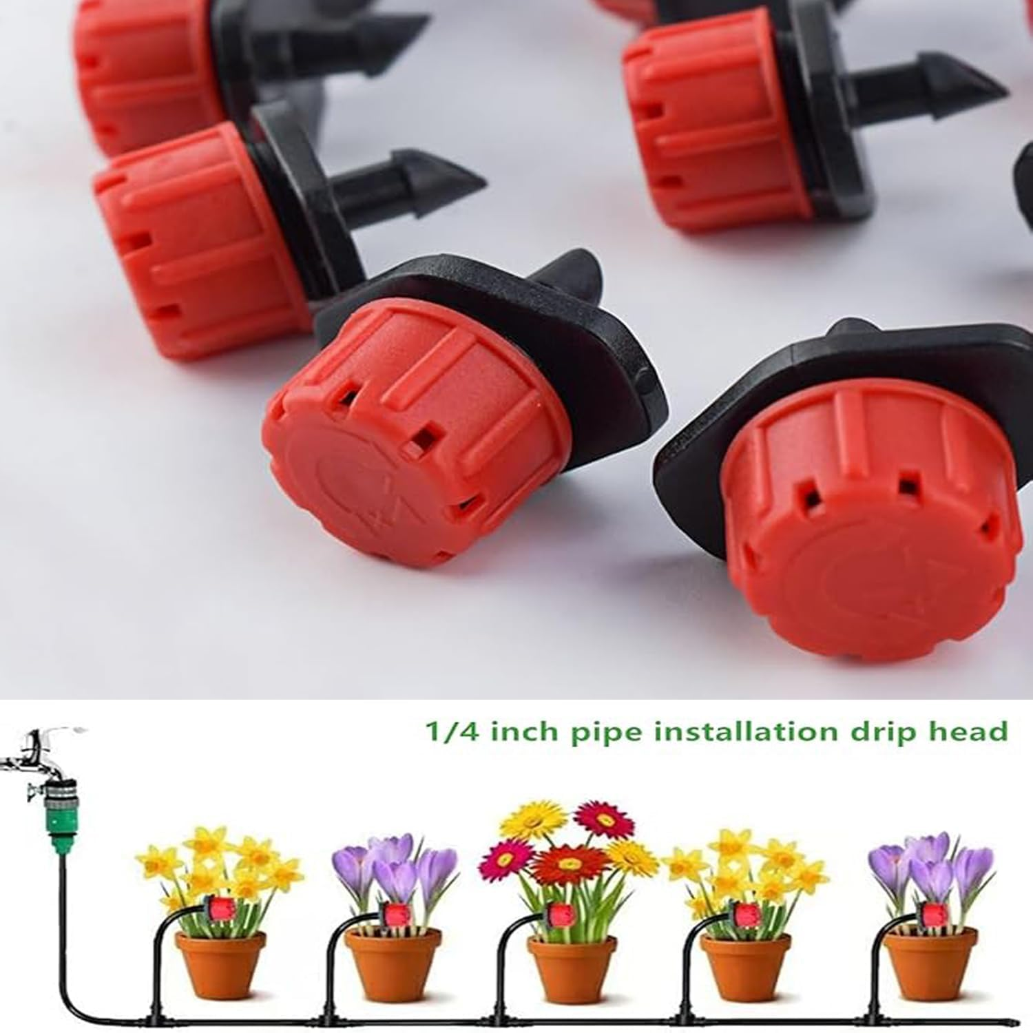 100 Pcs Drip Irrigation Emitters, 360 Degree Adjustable Irrigation Drippers Sprinklers, 1/4 Inch Emitters Drip Fittings, Drip Line Emitter for Gardens, Flower Beds, Lawns Watering System image number 6
