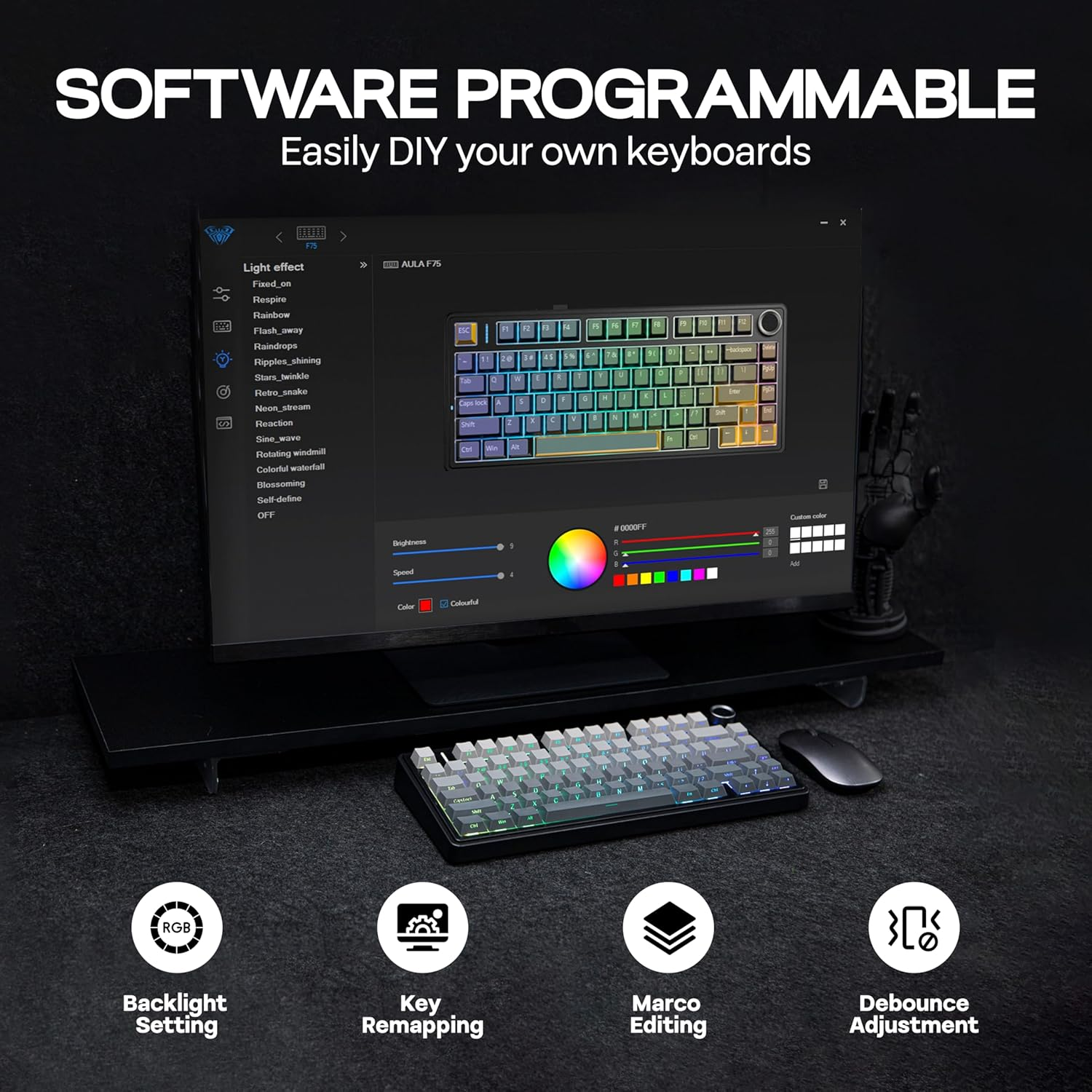 Mechlands Aula F75 PRO 75% Wireless Gaming Keyboard, Gasket Mechanical Custom Keyboard with Five-Layer Padding, Bluetooth/2.4Ghz/Usb-C, Hot Swappable, Knob, RGB, Reaper Switches (Gradient Black)