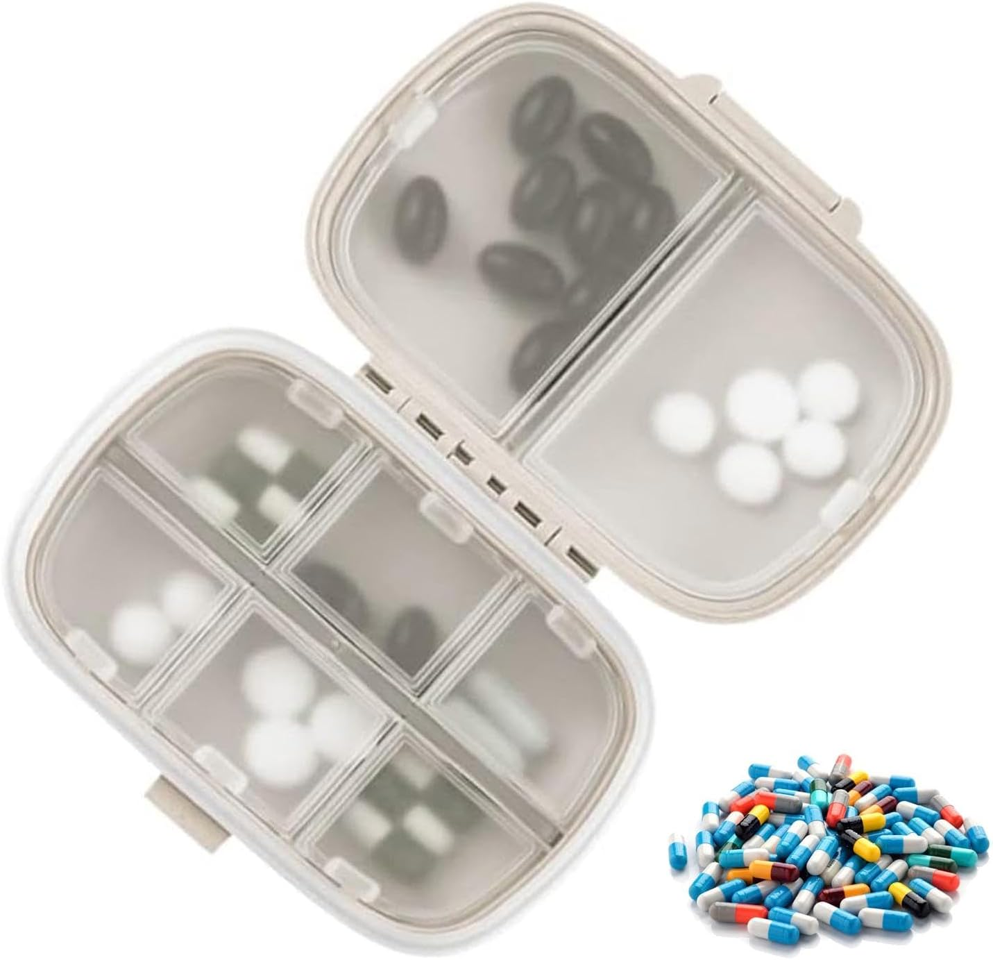 Travel Pill Organizer,8 Compartments Portable Pill Case for Pocket Purse Portable Medicine Vitamin Container,Pill Case,Beige image number 2