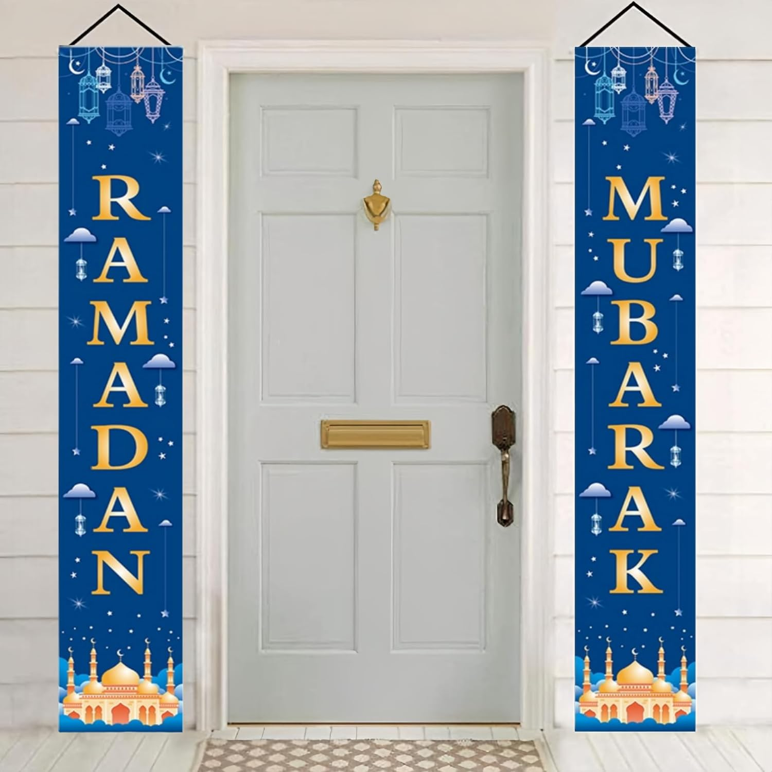 Blue Ramadan Mubarak Banner Eid Mubarak Door Sign Hanging Banners Decoration Set for Ramadan Themed Party Indoor and Outdoor Party Supplies Decorations(70.8X 43.3In） image number 1
