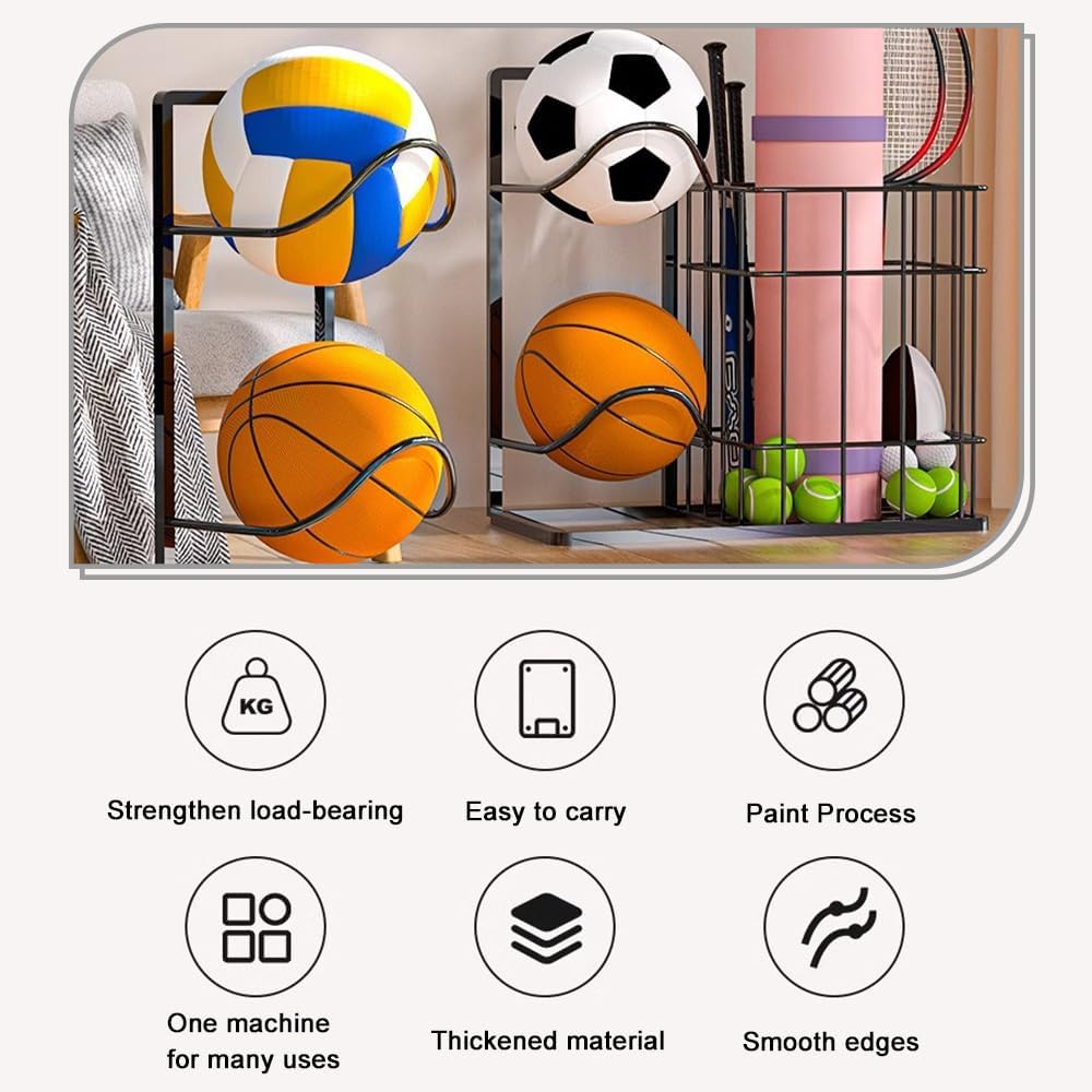 All-In-One Ball Storage Rack, Basketball Organizer Rack with Basket, Fitness Supplies Depositary, for Workout Room Garage School, Sports Equipment Storage for Football Tennis Badminton image number 1