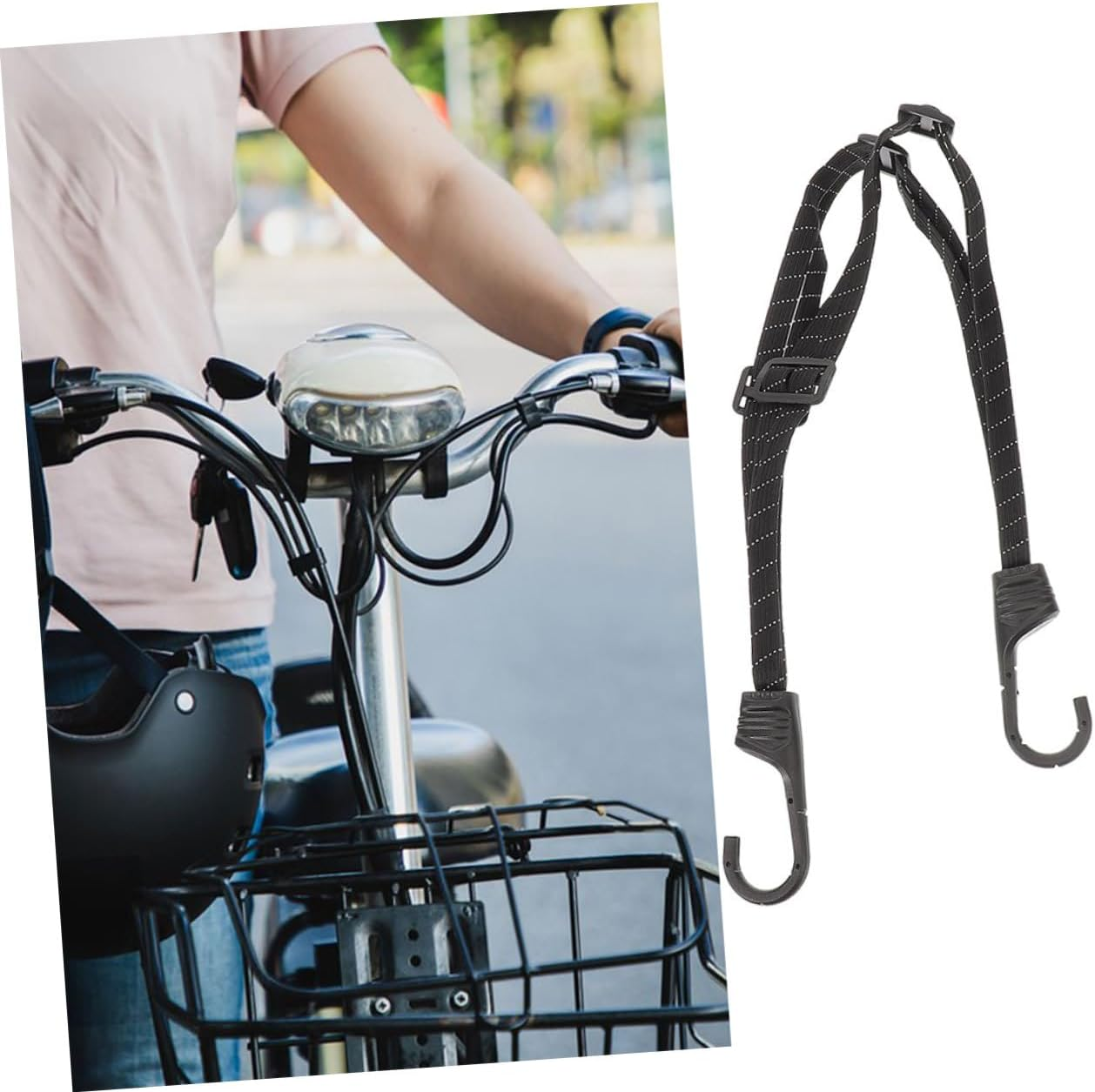 SWOOMEY 2Pcs Elastic Helmet Cord and Bicycle Luggage Strap with Reflective Features, Motorcycle Tie down Rope for Secure Bike and Helmet Fastening, Sturdy Elastic Bungee Cords for Outdoor Travel