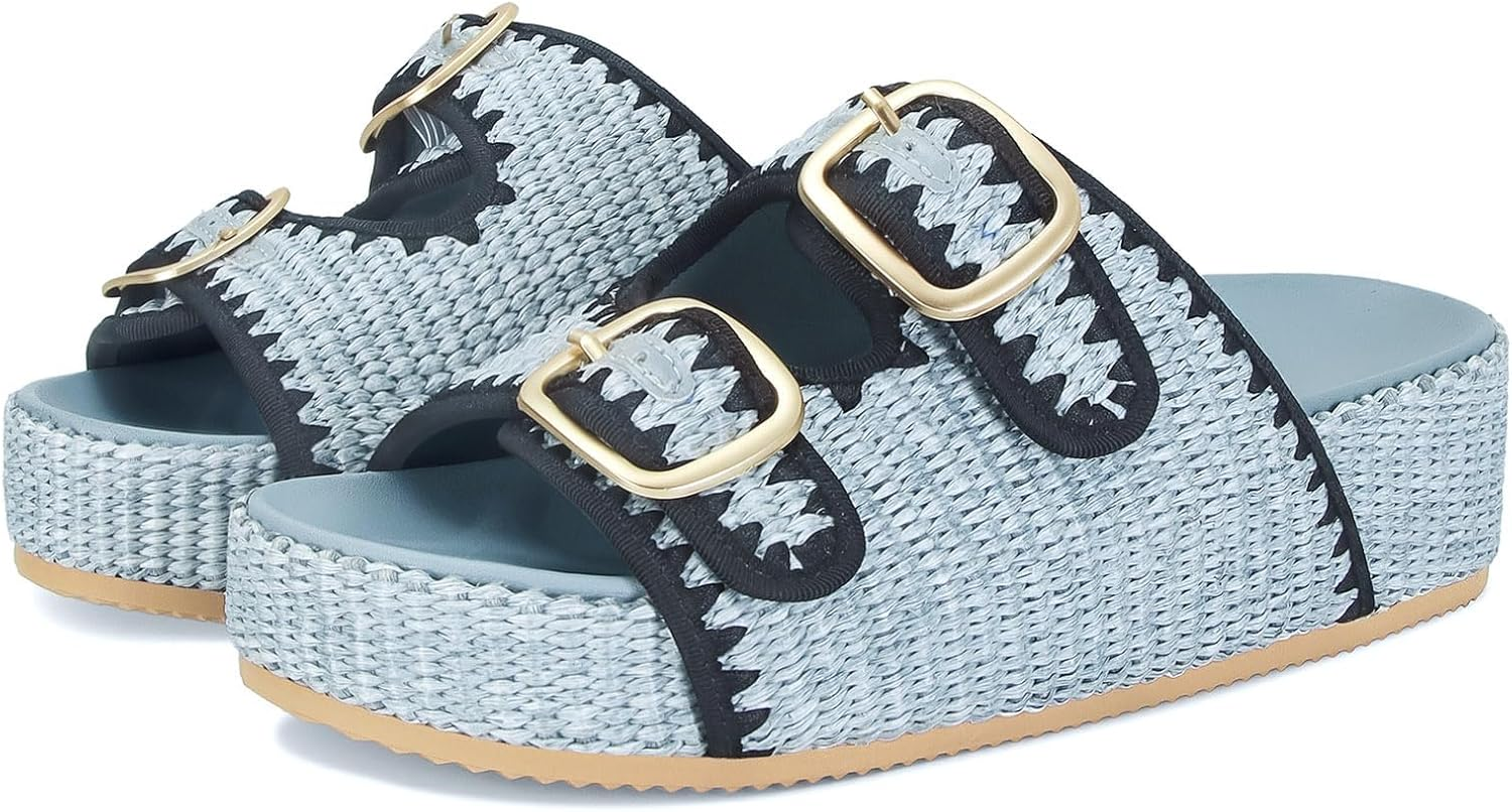 MICIFA Raffia Platform Sandals for Women Crochet Wedges Cute Comfortable Woven Flats Sandals with Buckle Open Toe Casual Straw Sandals Shoes