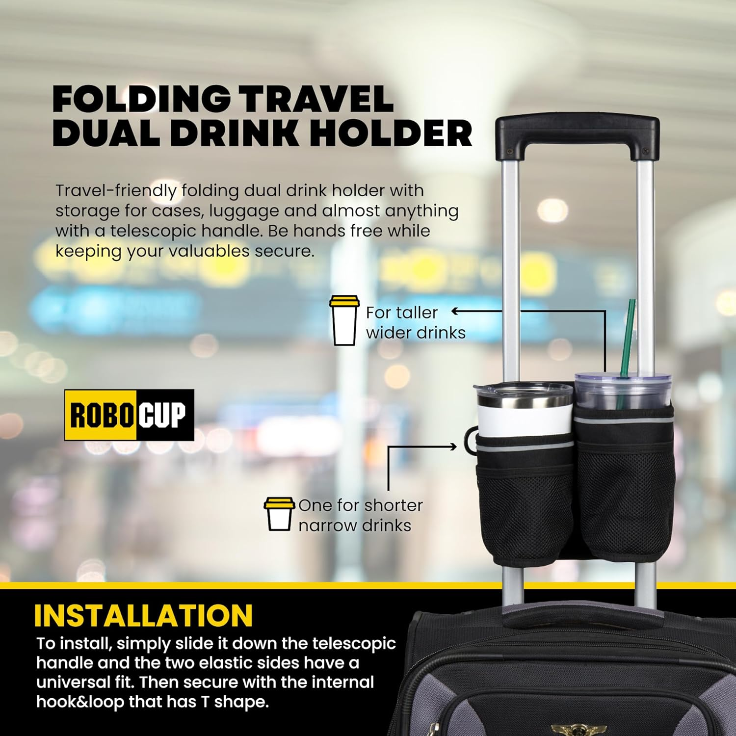 ROBOCUP Travel-Friendly Foldable Dual Drink Holder, Univesal Design for Luggage, Cases and Breifcases with a Telescopic Handle | Storage Pockets, D-Ring, Pen Slot, Reflective Stripe, Hook&Loop Patch image number 2