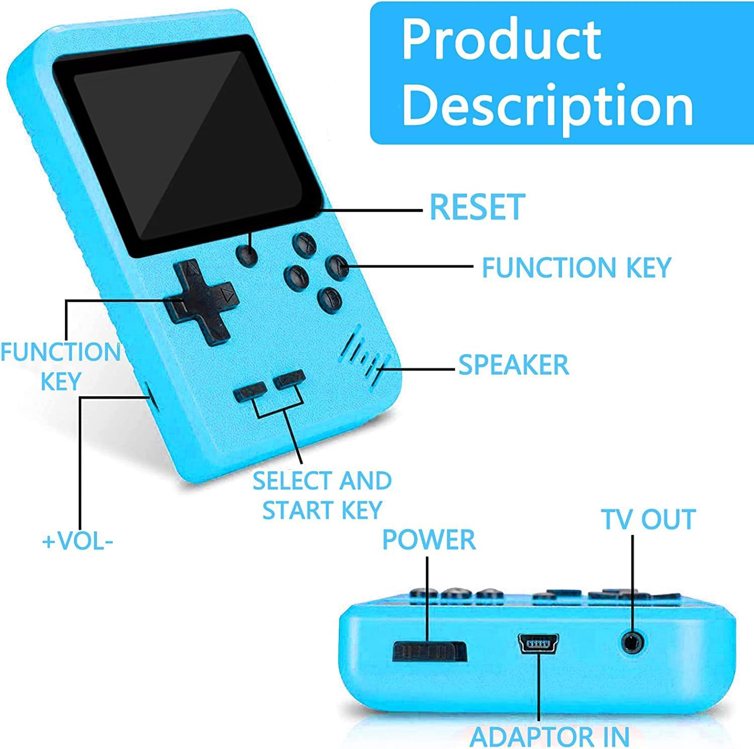Handheld Game Console, Portable Retro Video Game Console with 500 Classical FC Games, 3-Inch Screen, 1020Mah Rechargeable Battery Support for Connecting TV and Two People to Play Together (Blue)