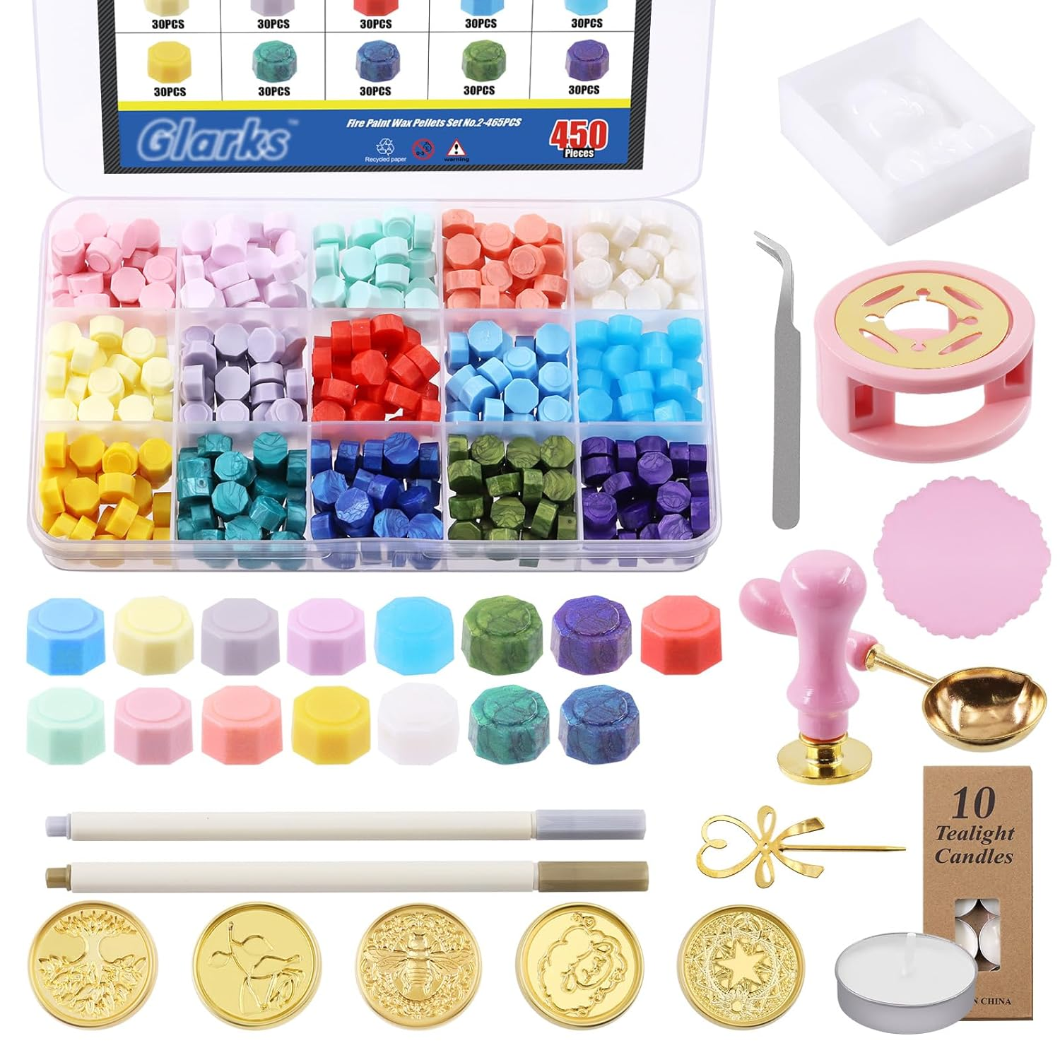 Glarks 467Pcs Wax Seal Stamp Kit, Wax Letter Seal Set with Colorful Wax Seal Beads, Wax Seal Spoon, Bear Shaped Wax Seal Mold, Candles for Envelope Letter Wedding Invitation Decor image number 2