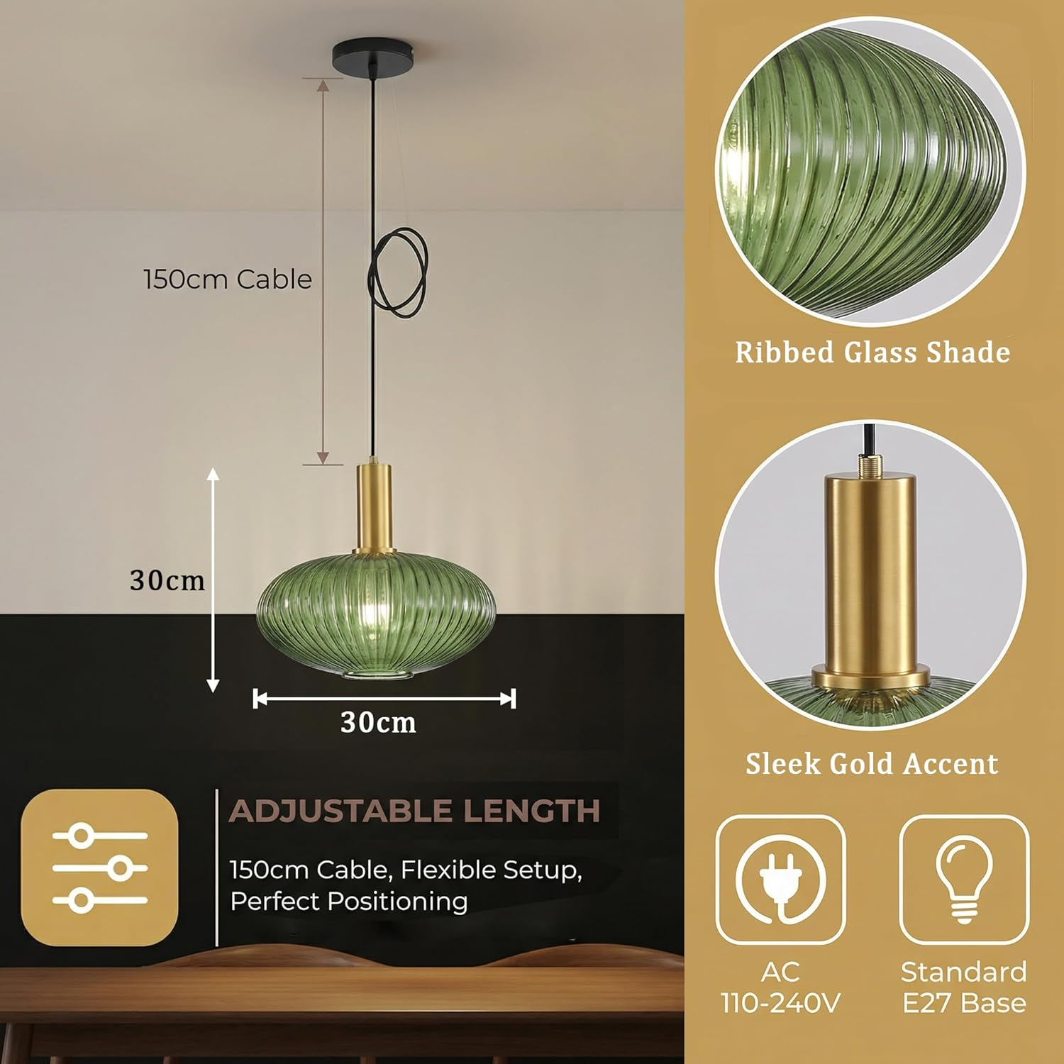 Hjxdtech Industrial Vintage Pendant Light Modern Retro Style Drop Ceiling Light Pendant Lamp Glass Lampshade with Polished Brass Lamp Holder (Green, 30 Cm) image number 5