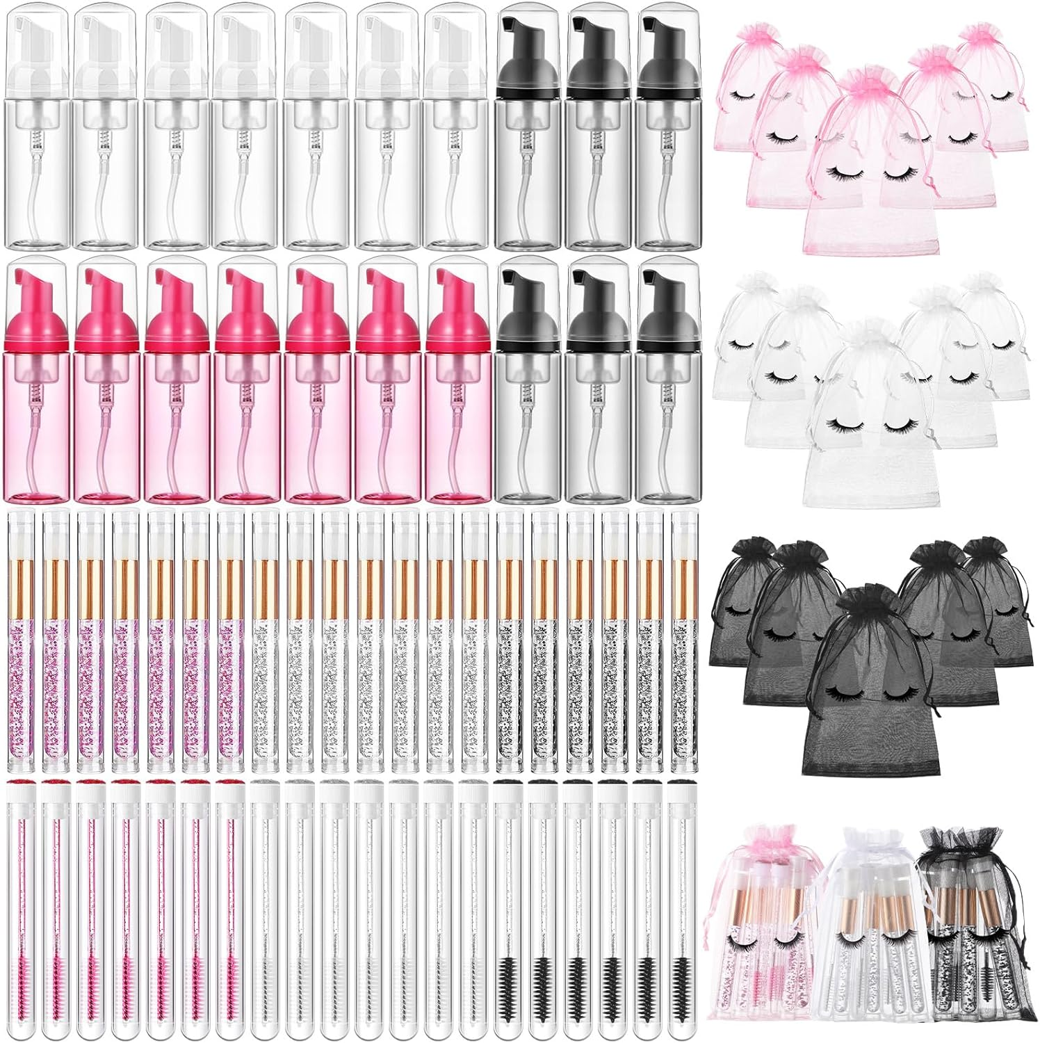 Zhehao 80 Pcs Lash Shampoo Bottle Brushes Kit 20 Foam Pump Dispensers 20 Lash Shampoo Brushes 20 Eyelash Aftercare Bag 20 Cleaning Pipes, Eyelash Extension Supplies(Pink)