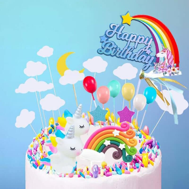 AIMALL 21Pcs/Set Unicorn Cake Topper Kit Cloud Rainbow Happy Birthday Banner Decoration with Rainbow, Happy Birthday Banner, Clouds, Stars & Moon, and Unicorns, Fits 6-10 Inch Cakes image number 1