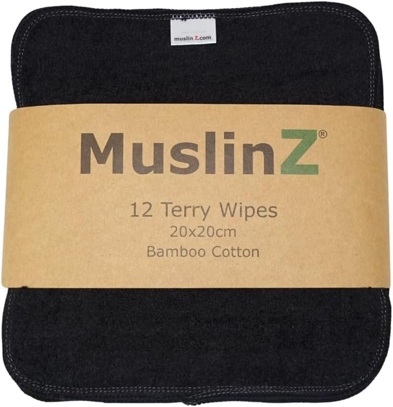 Muslinz 12PK Reusable Bamboo Cotton Terry Wipes 20X20 Cms Face Cloth Baby Wipes (White)