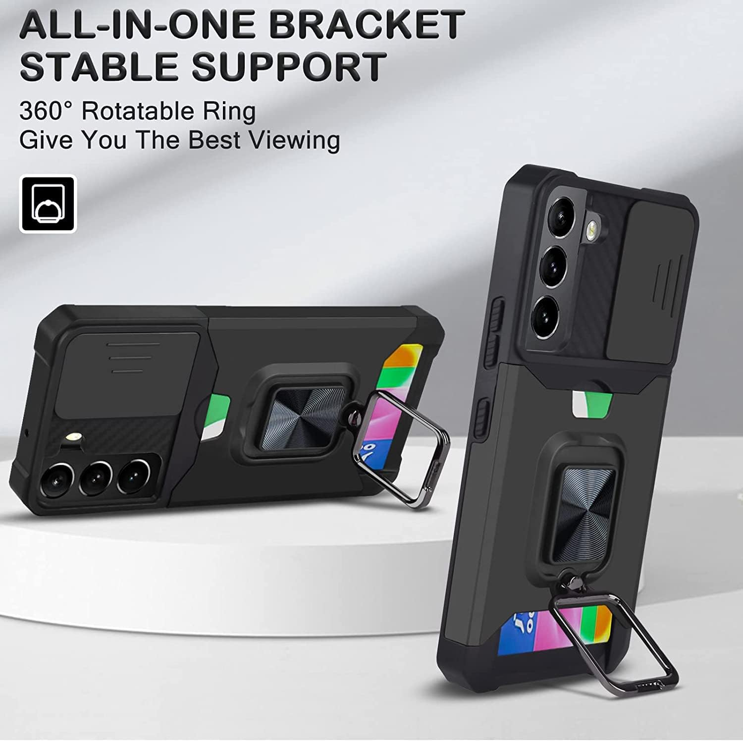 For Samsung Galaxy S23 Case Phone Cover Slide Camera Cover & Card Holder Slot 360&deg; Ring Kickstand Tough Heavy Duty Defender Armor Shockproof Military Galaxy S23 Wallet Case image number 1