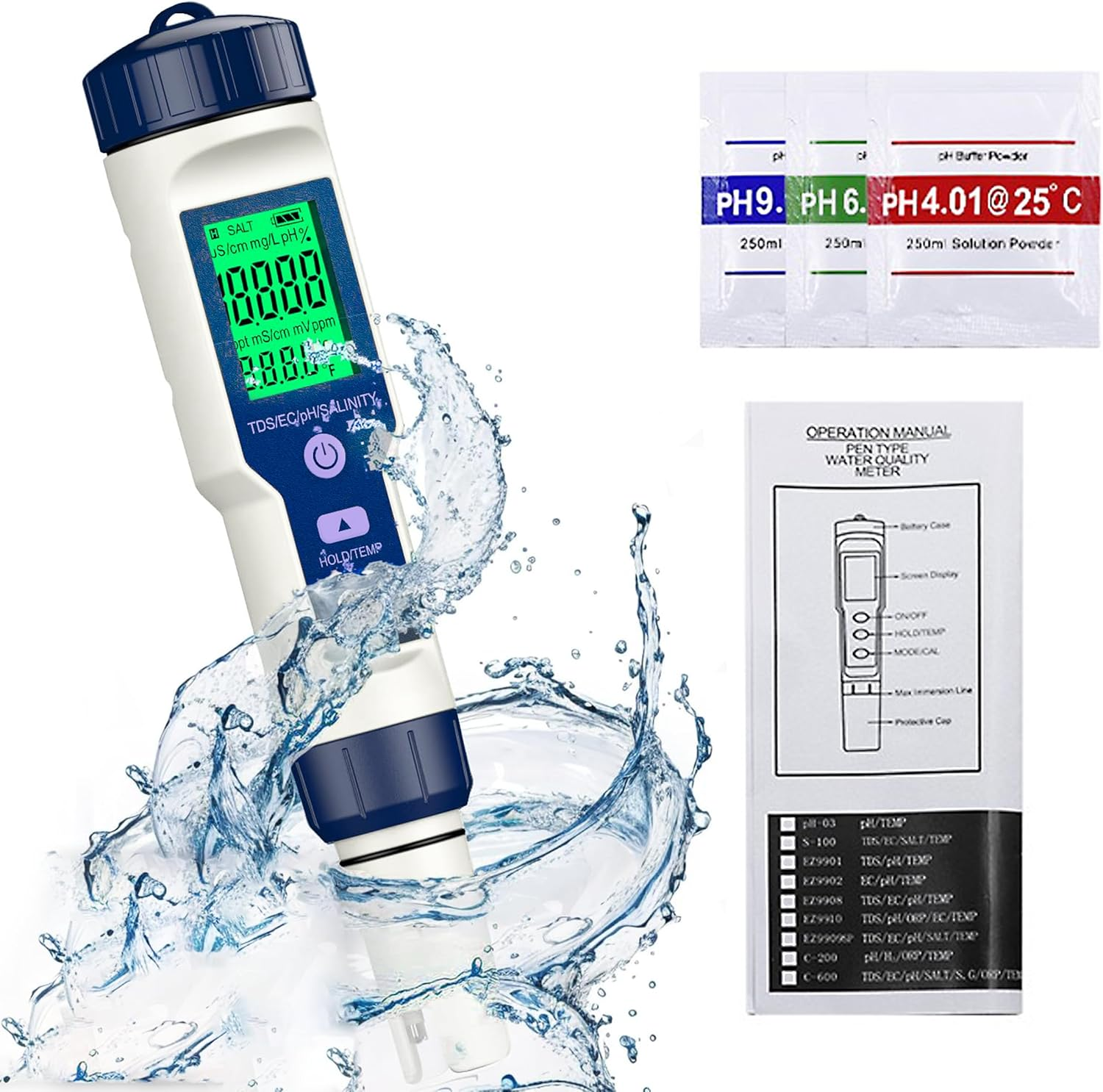 5-In-1 Digital Salt Tester for Aquarium and Pool TDS, Ph, Salinity, EC, and Temperature Meter, Accurate Readings, LCD Display, Waterproof