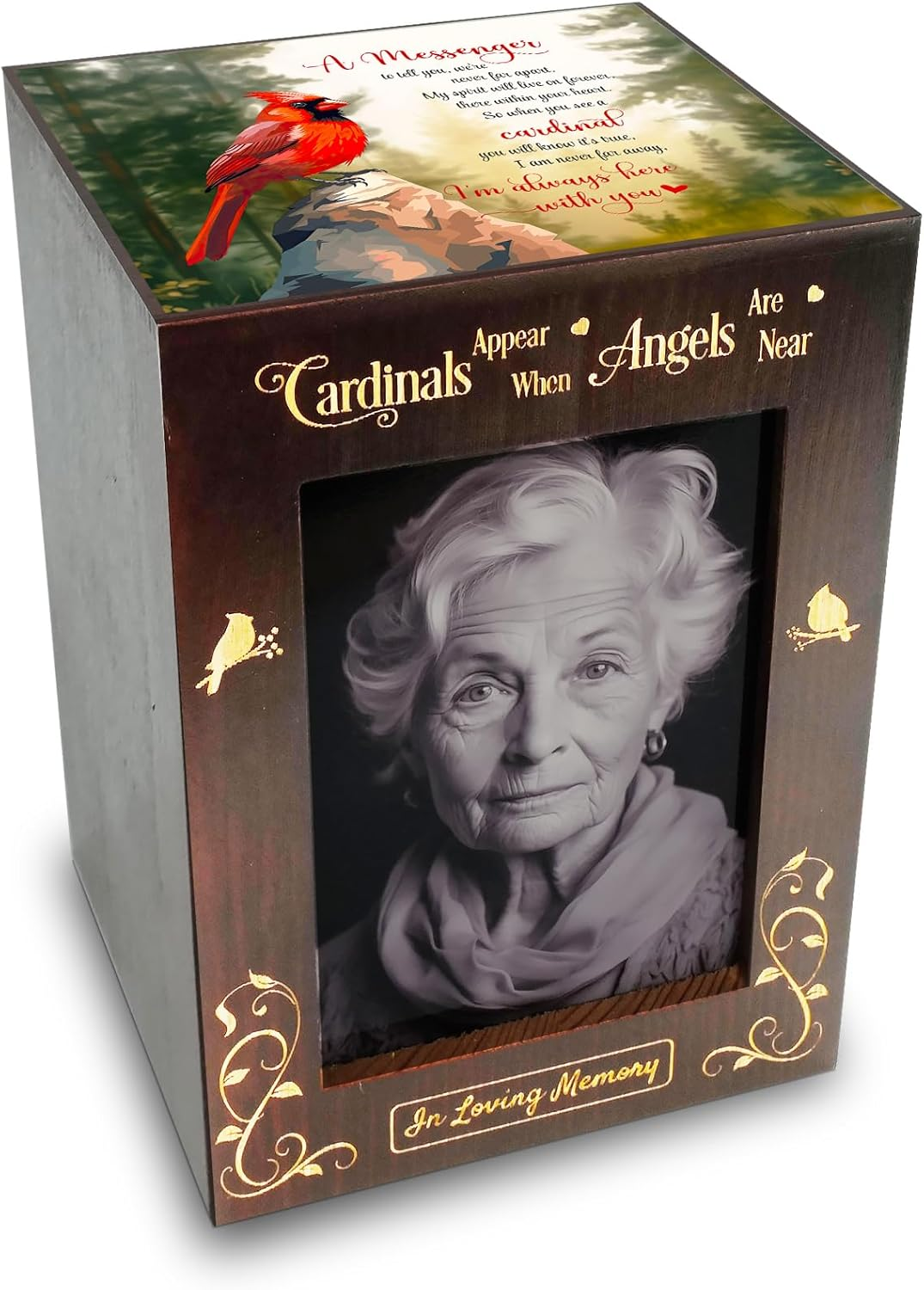Wooden Cremation Urns with Photo Frame for Human Ashes Adult Female Male, Wood Urns Box and Casket, Funeral Decorative Urn with Picture for Adults up to 200 Lbs (Large, Cardinal)