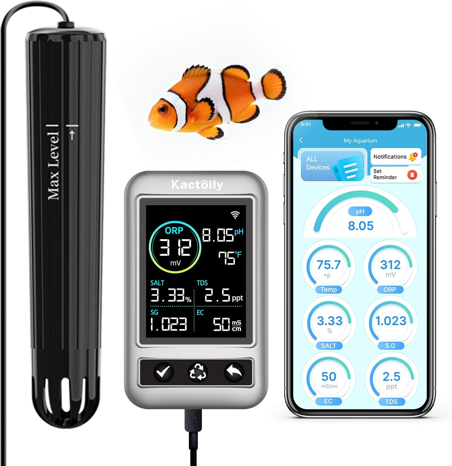 Kactoily Smart Aquarium Monitor, Multi-Parameter Fish Tank Water Tester for Ph, Salinity, SG, ORP, TDS, EC & Temp with Real-Time App Alerts