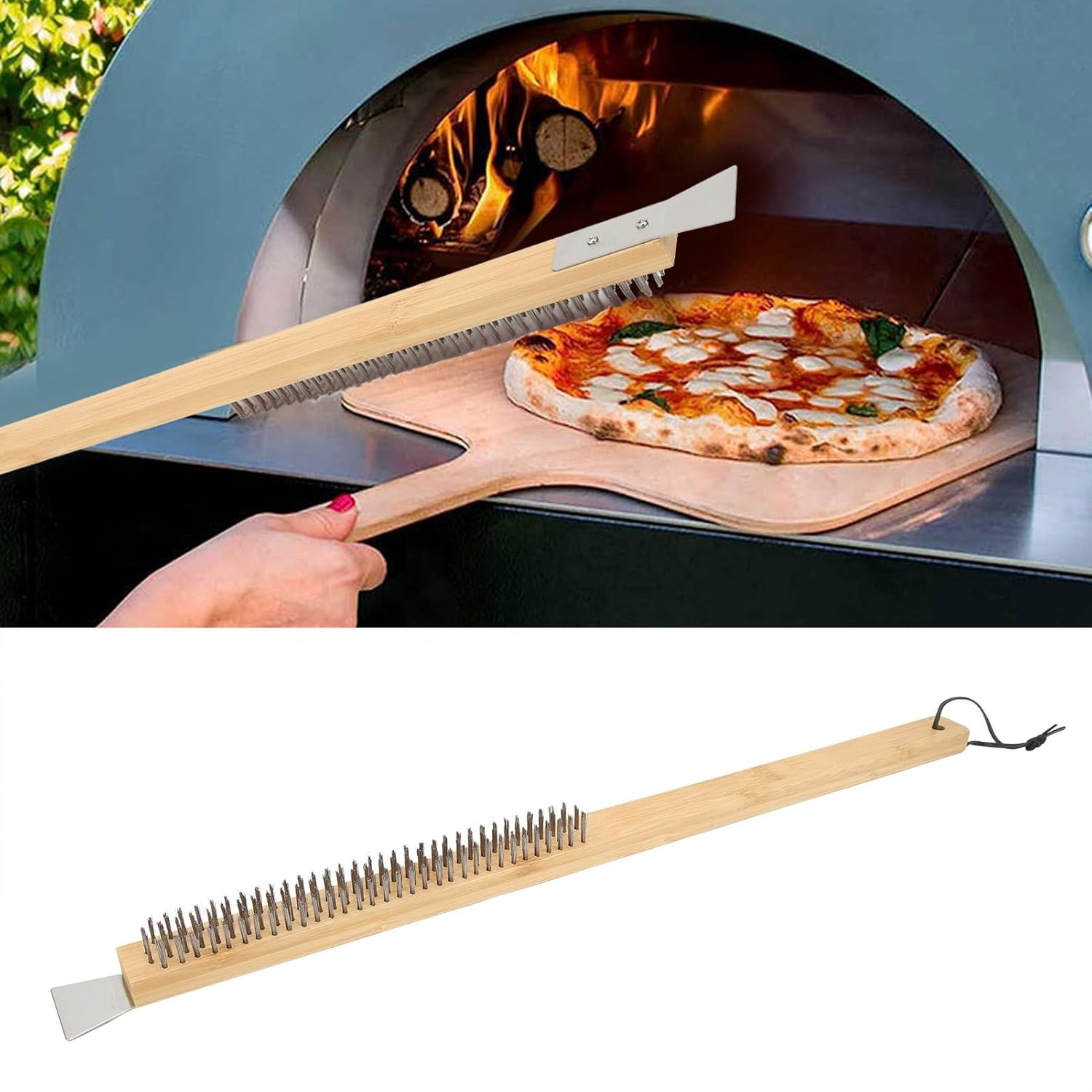 Pizza Oven Brush with Scraper Szczotka Do Pieca Do Pizzy with Scraper, Heat Resistant BBQ Grill Brush for Outdoor Ovens, Wire Grill Brush with Handle Brushes image number 3