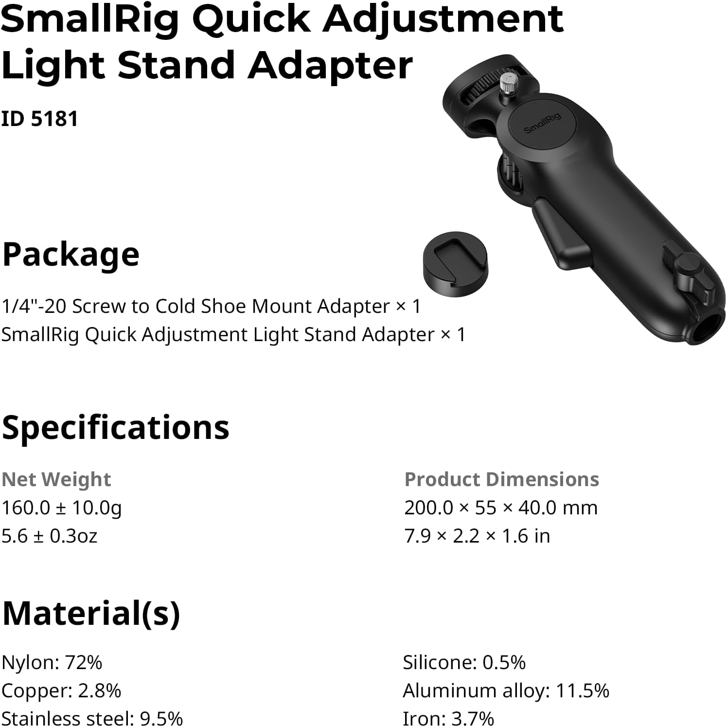 Smallrig Quick Adjustment Light Stand Adapter, One-Button 180&deg; Pitch Adjustment, 3Kg Load Capacity, for COB Video Light/Camera/Phone Clips, for On-Camera Flash, 5181 image number 4