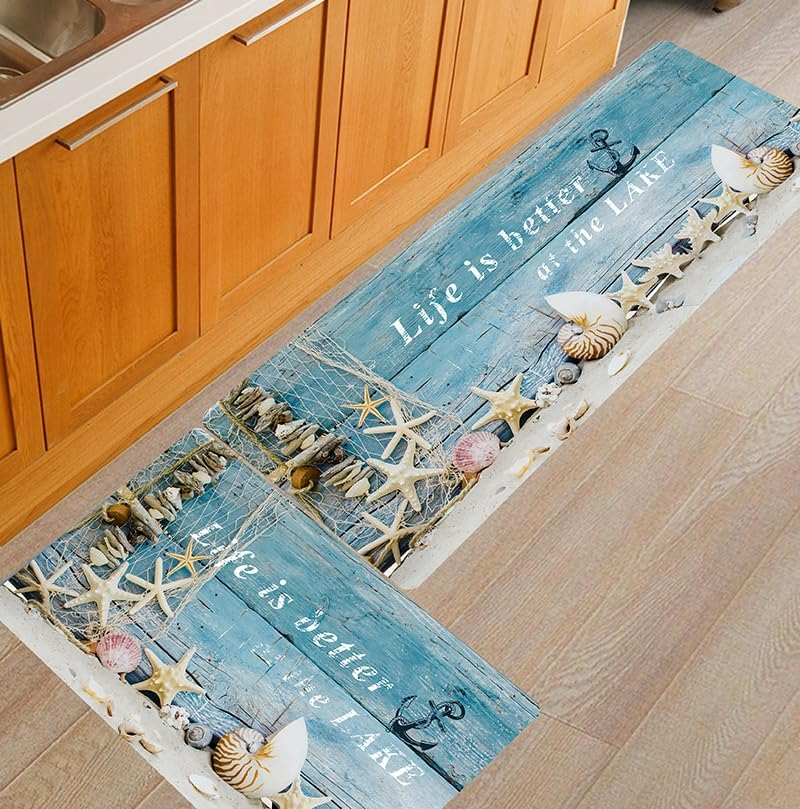 PCSWEET HOME Beach Wood Kitchen Rugs and Mats, Kitchen Floor Mat Non-Slip, 2 Piece Kitchen Rugs Set,Kitchen Mats for Floor, Boho Kitchen Runner Rug (Lake Blue, 50Cm X 80Cm + 50Cm X 120Cm)