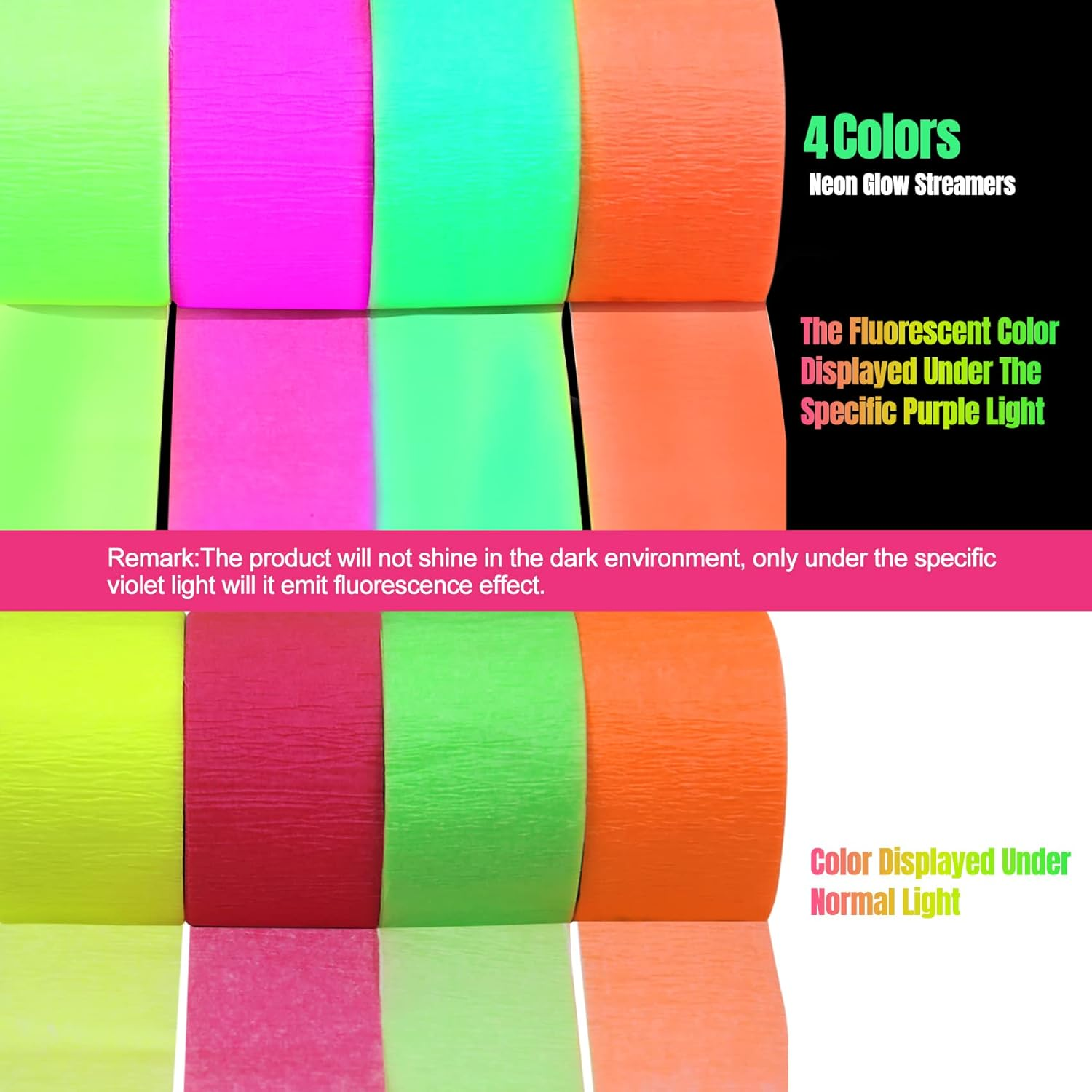 800Feets Neon Glow in the Dark Party Supplies Streamers Glow Crepe Paper Streamer UV Reactive Fluorescent Neon Crepe Streamers for Wedding Birthday Neon Party Fiesta Party Decorations Glow Party image number 5
