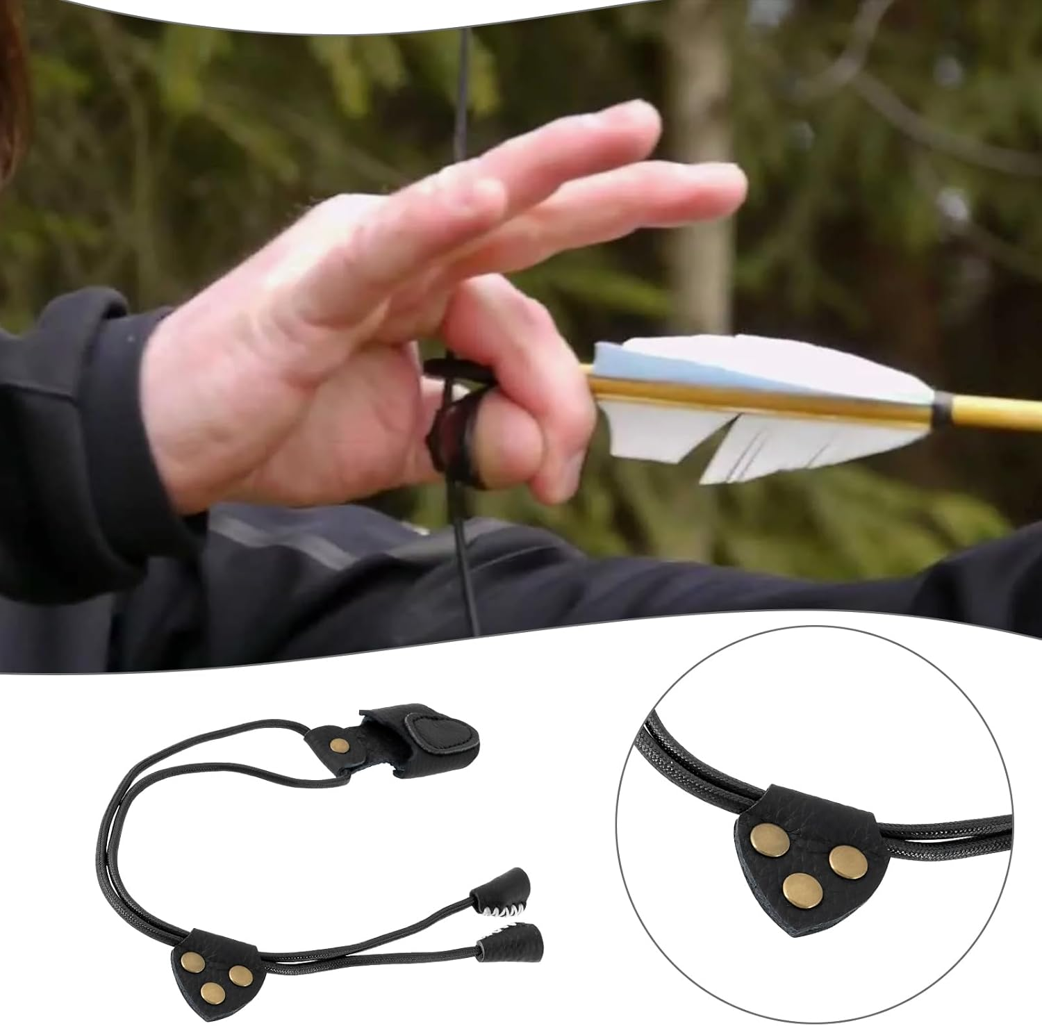 YINETTECH 1PC Archery Thumb Ring PU Leather Thumb Guard Ring with Rope Length 30Cm for Novice Archers Archery Competition Training Black image number 1