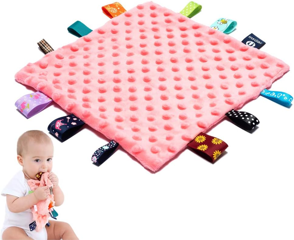 Baby Tags Security Blankets - Baby Soothing Plush Blanket with Colorful Tags, 10"X10" Square Sensory Toys, Lovey for 3 Months+ Babies Boys and Girls (Blue)