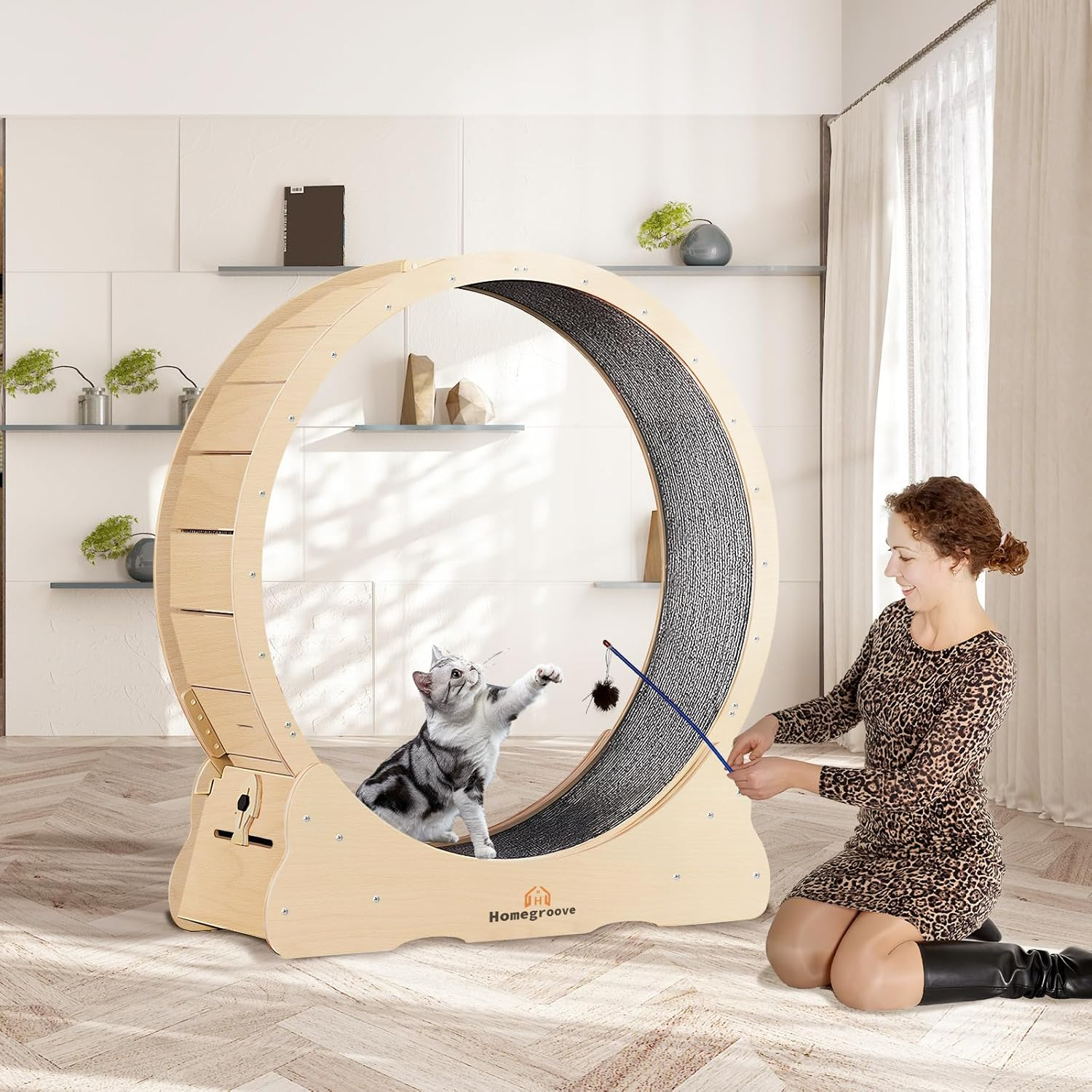 Homegroove Cat Exercise Wheel, 45 Inch Large Cat Wheels for Indoor Cats,Versatile Cat Running Wheel Treadmill with Detachable Carpet for Cat'S Weight Loss and Health (Natural Wood Color, XL) image number 6