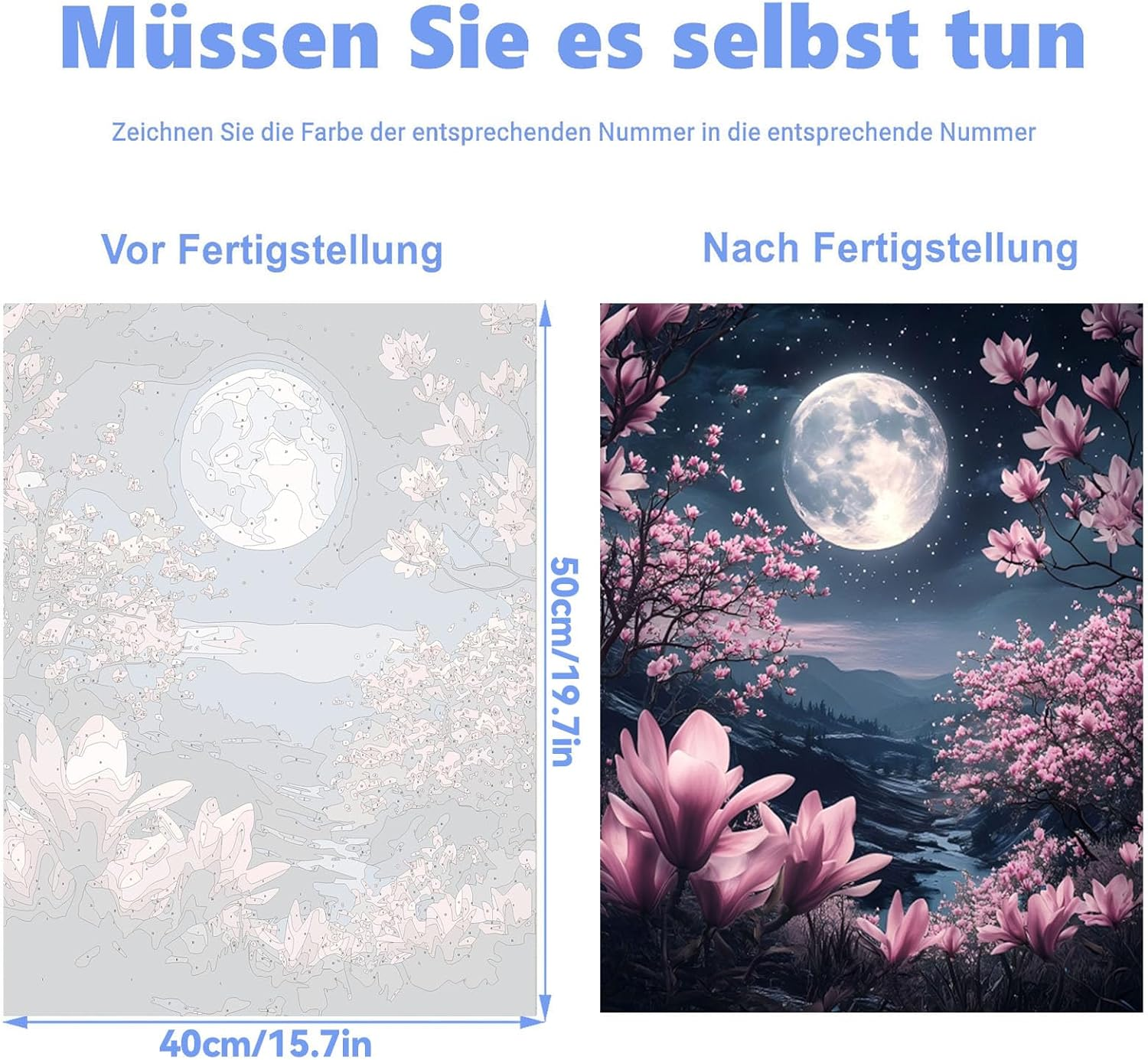 Pujeknm Paint by Numbers Adult Moon DIY Landscape Hand Painted Oil Painting Kit for Beginners, with 3 Brushes and Acrylic Paint, Hand Painted Oil Painting Kit as a Gift, 40 X 50 Cm (Frameless) image number 3
