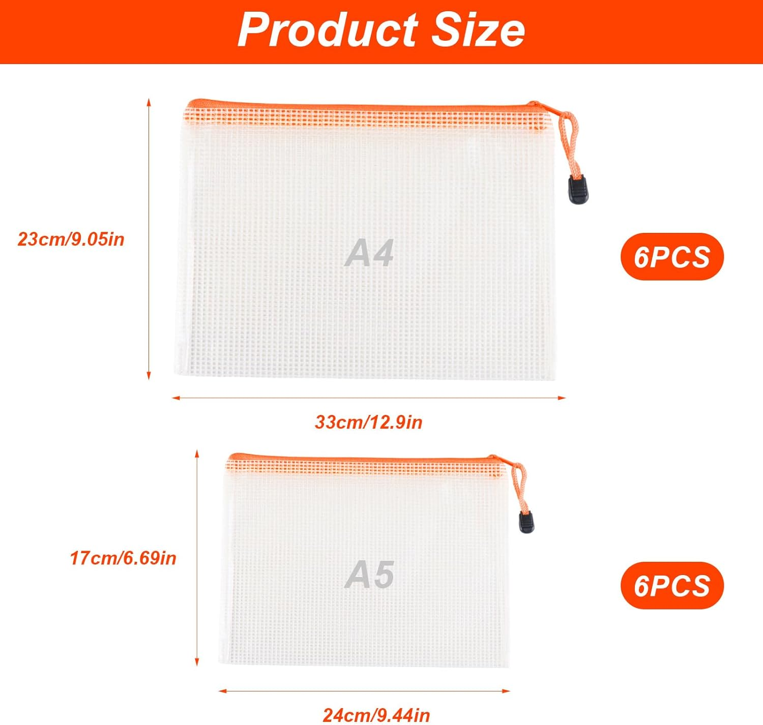 12 Pcs A4 A5 Plastic Zip Wallets, Document Folders, Mesh Zipper Bags, Waterproof Zip Plastic Wallets, Zip Lock Bags for Travel Home Office Supplies Craft Projects(6 Colors) image number 5