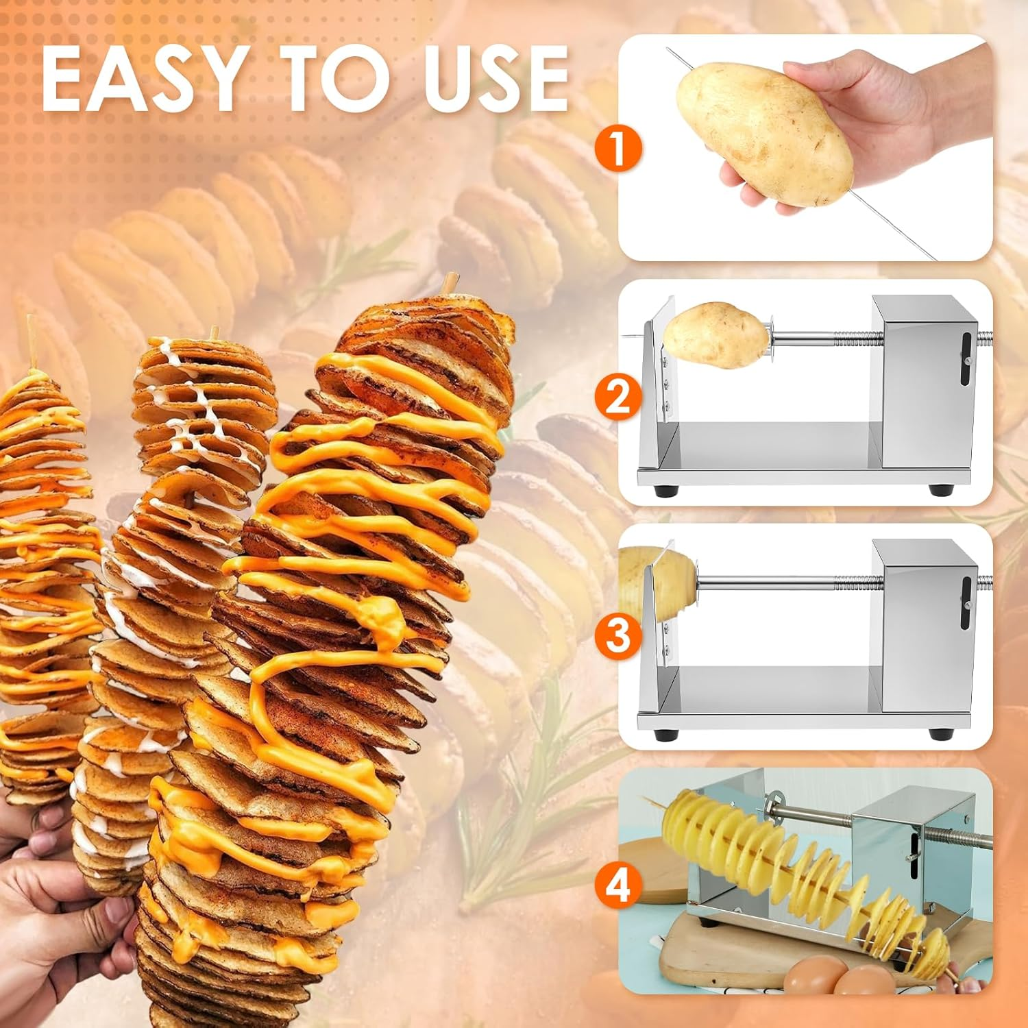 Twisted Potato Slicer Manual Spiral Potato Cutter Stainless Steel Tornado Potatoes Spiral Cutter Manual Spiral French Fries Cucumbers Carrots DIY BBQ Slicer (Silver) image number 3