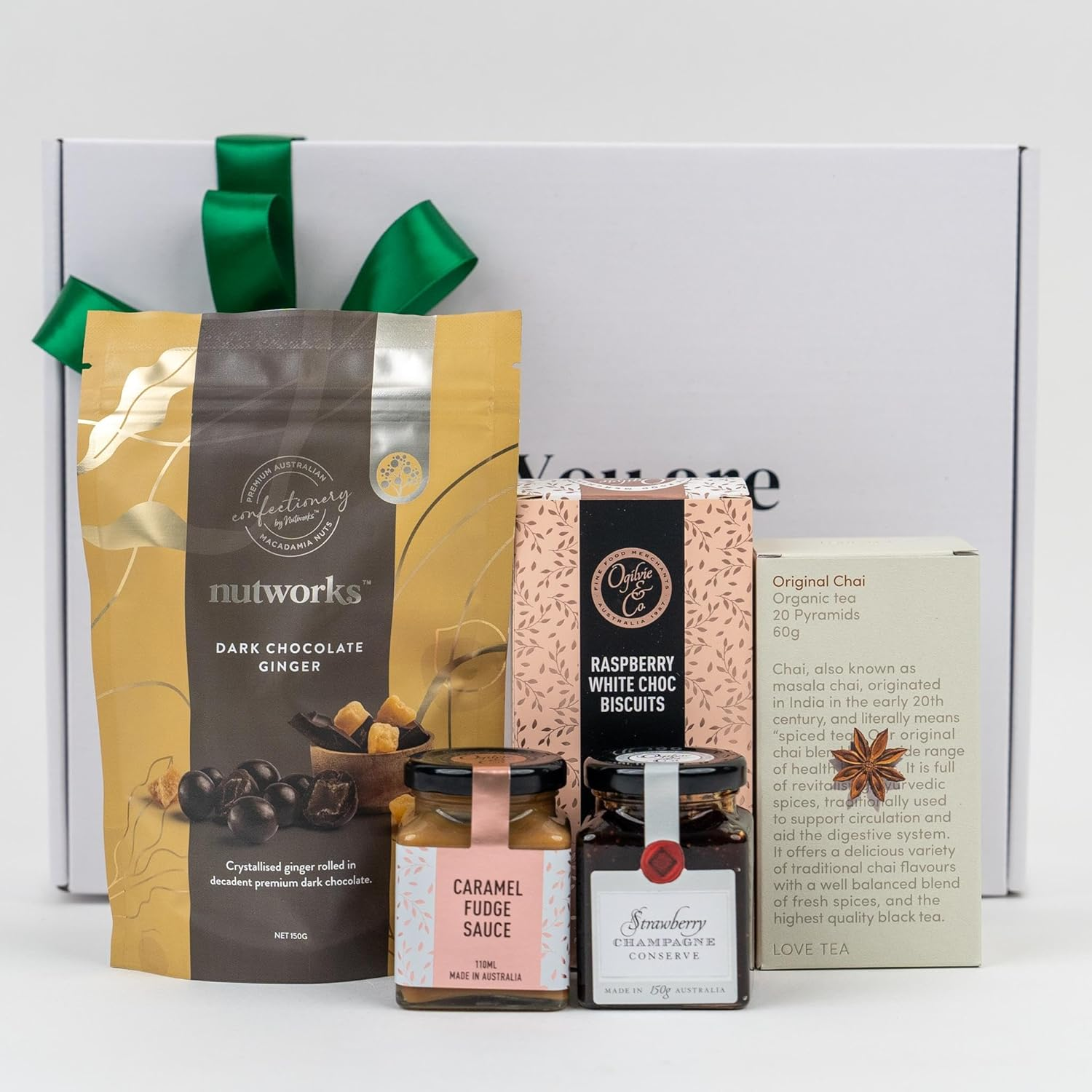 The Hamper Boutique Co Luxury Sweet Treats & Tea Gift Hamper &ndash; Chai Tea, Raspberry White Choc Biscuits, Caramel Fudge Sauce, Dark Chocolate Ginger & Strawberry Champagne Conserve