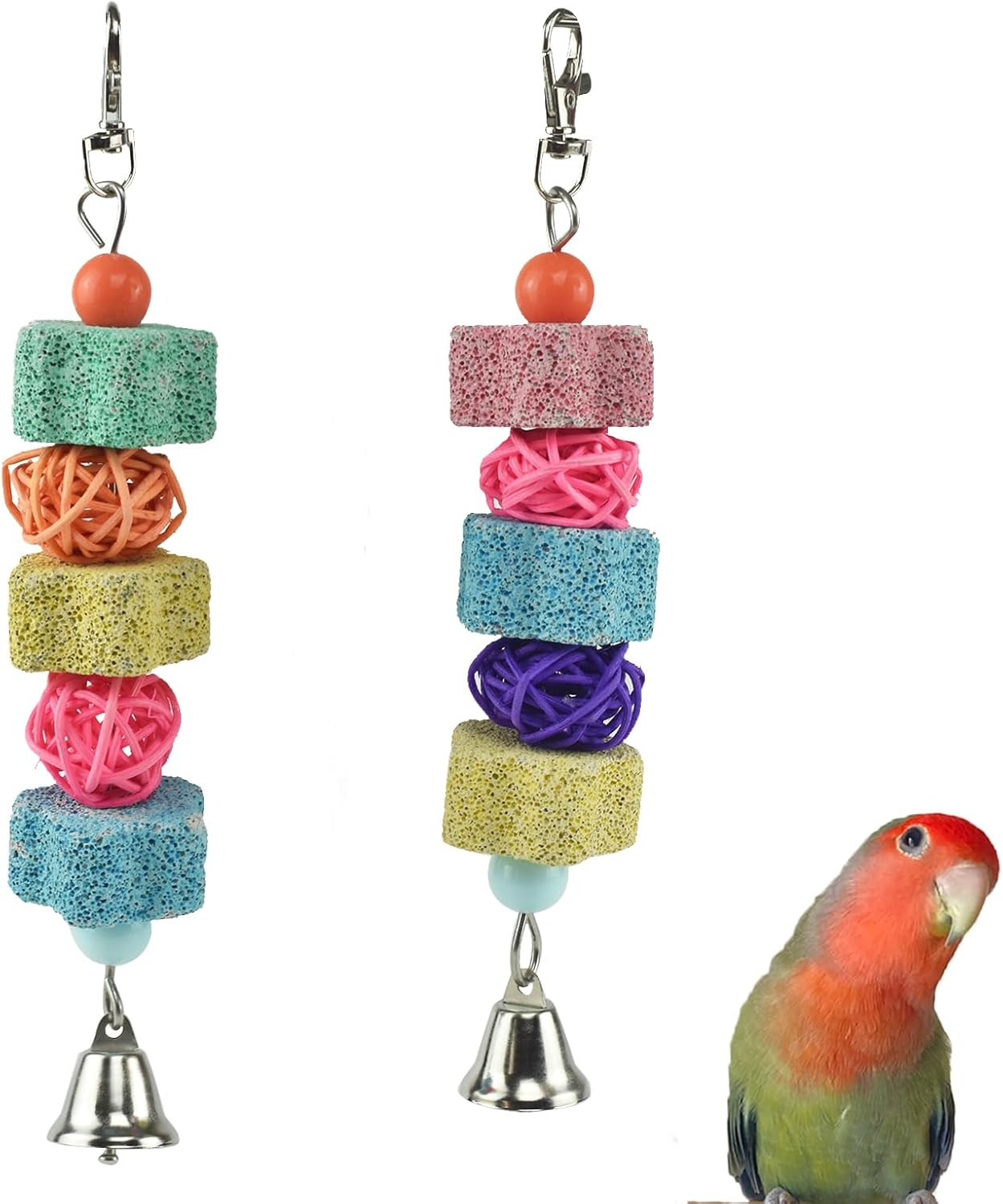 2 Pack Parakeets Parrot Chewing Toy, Bird Beak Grinding Stone Lava Calcium Blocks, Hanging Bird Cage Nail Trimmer with Bell Rattan Balls for Small Parrots Cockatiel Budgies Lovebirds Rats Chinchilla image number 4